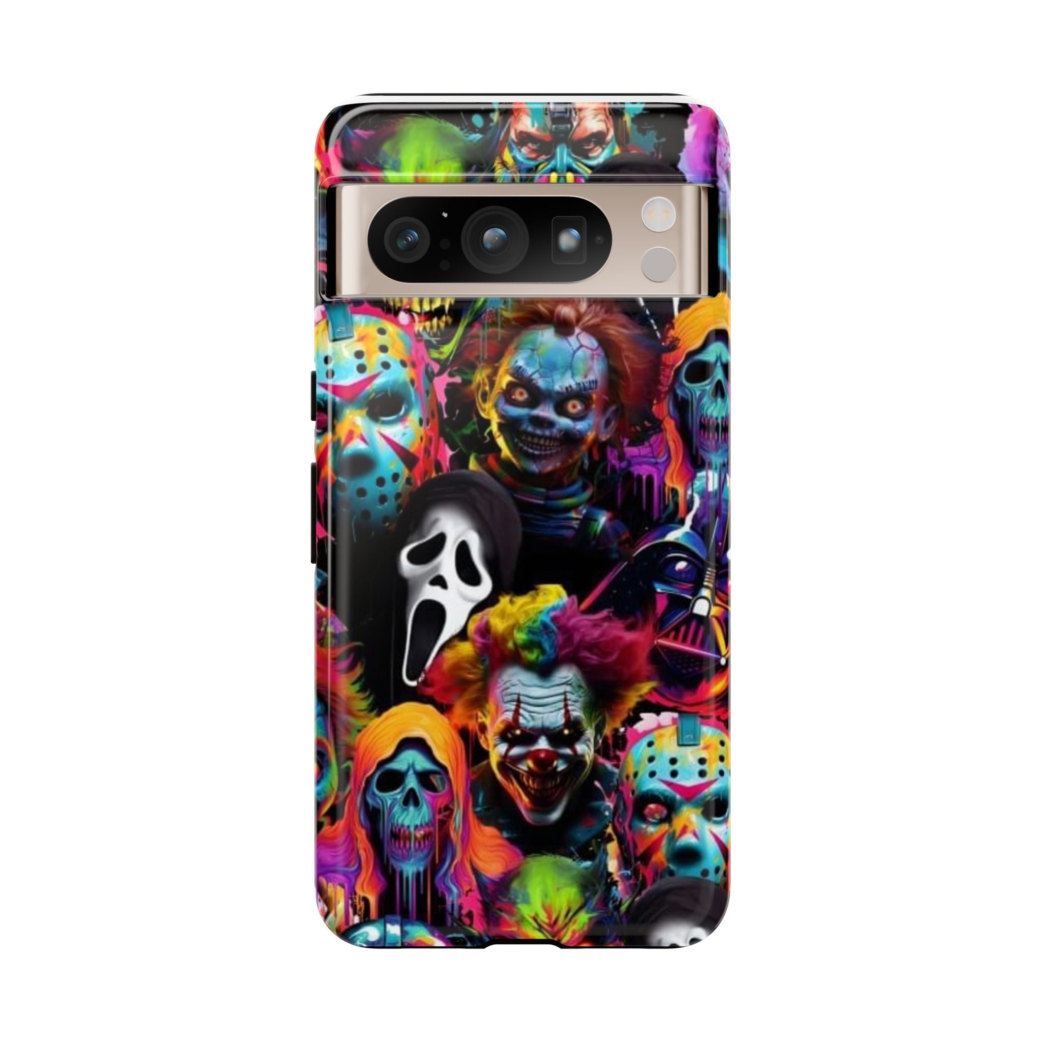 Phone Case — Neon Horror Mask Collage (Scream, Jason, Clown)