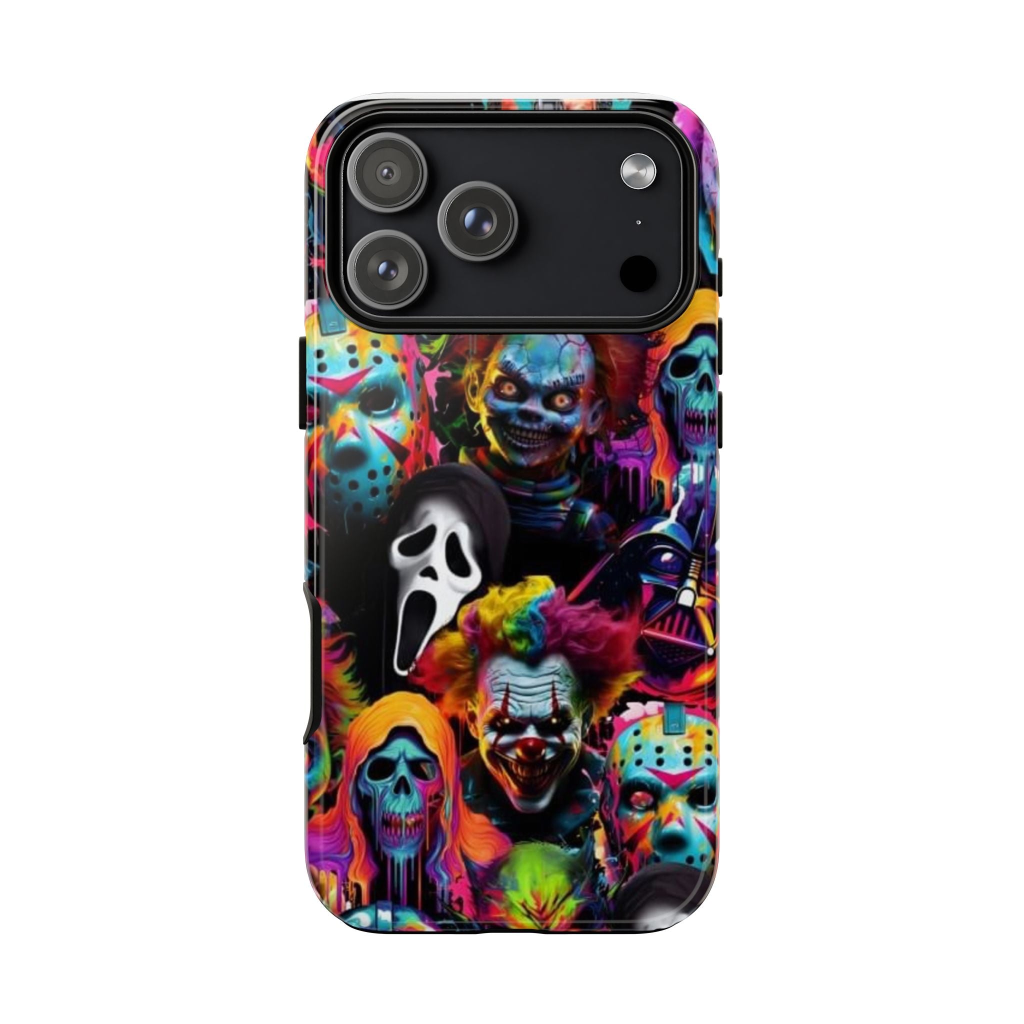 Phone Case — Neon Horror Mask Collage (Scream, Jason, Clown)