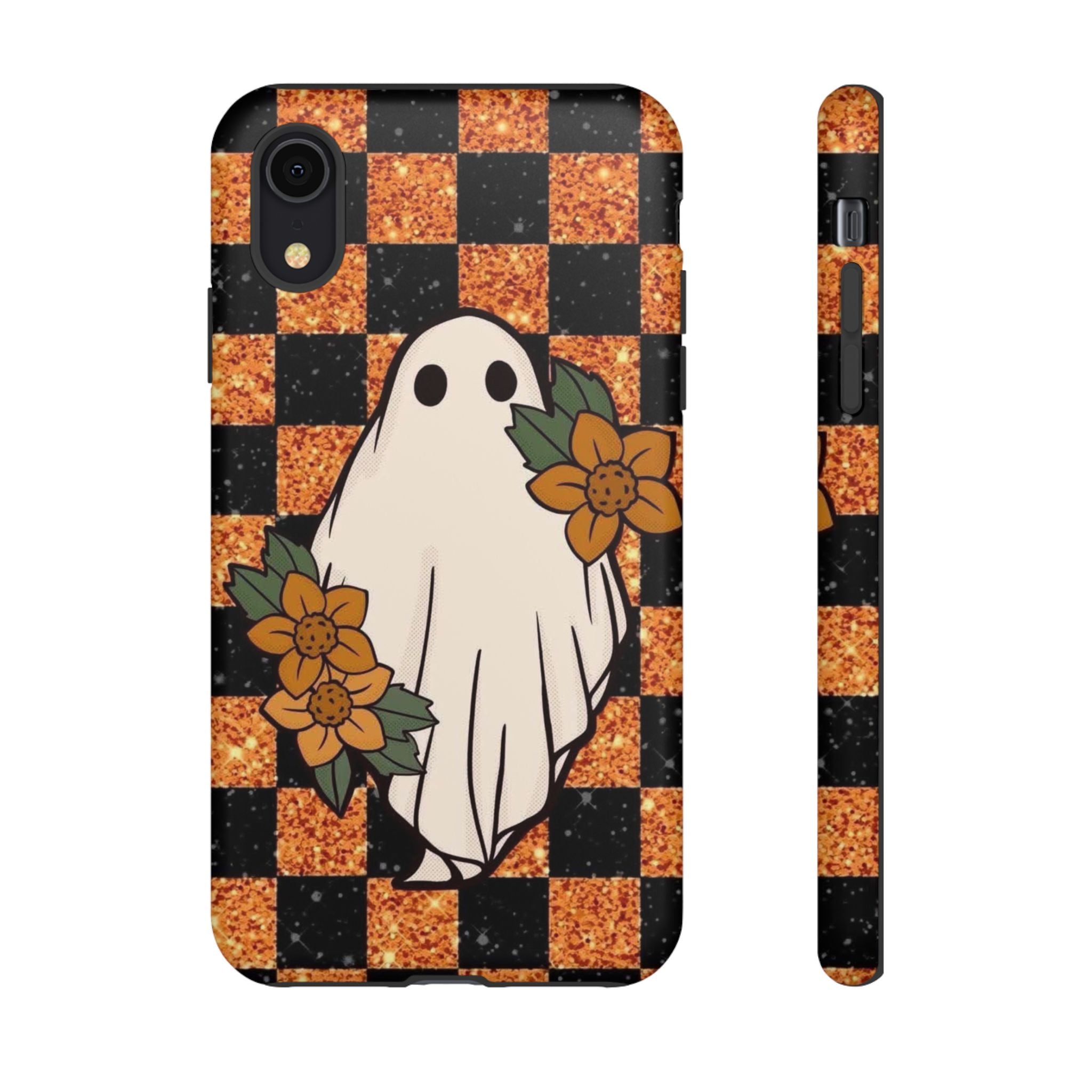 Halloween Ghost Phone Case — Checkerboard Orange Glitter Floral Design