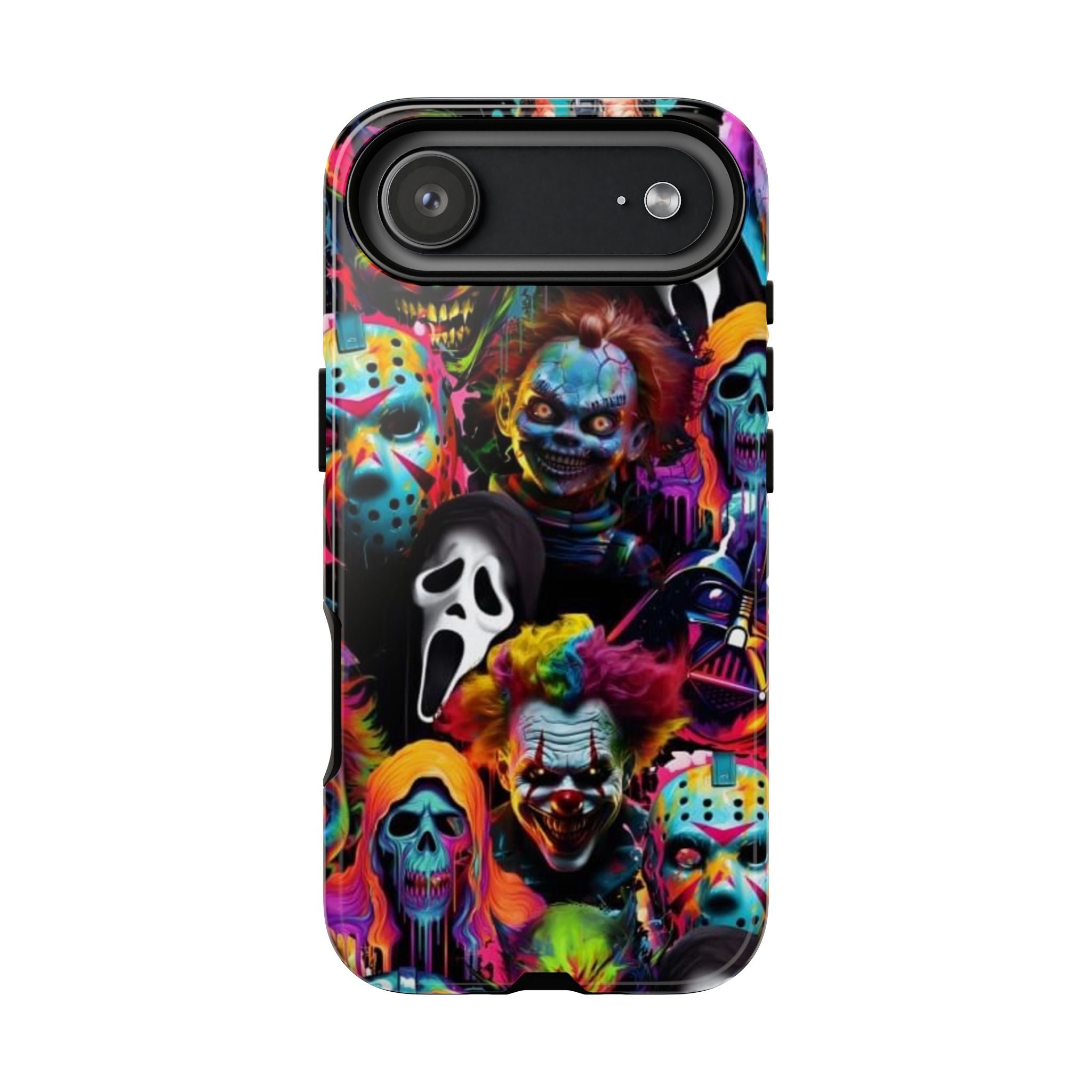 Phone Case — Neon Horror Mask Collage (Scream, Jason, Clown)