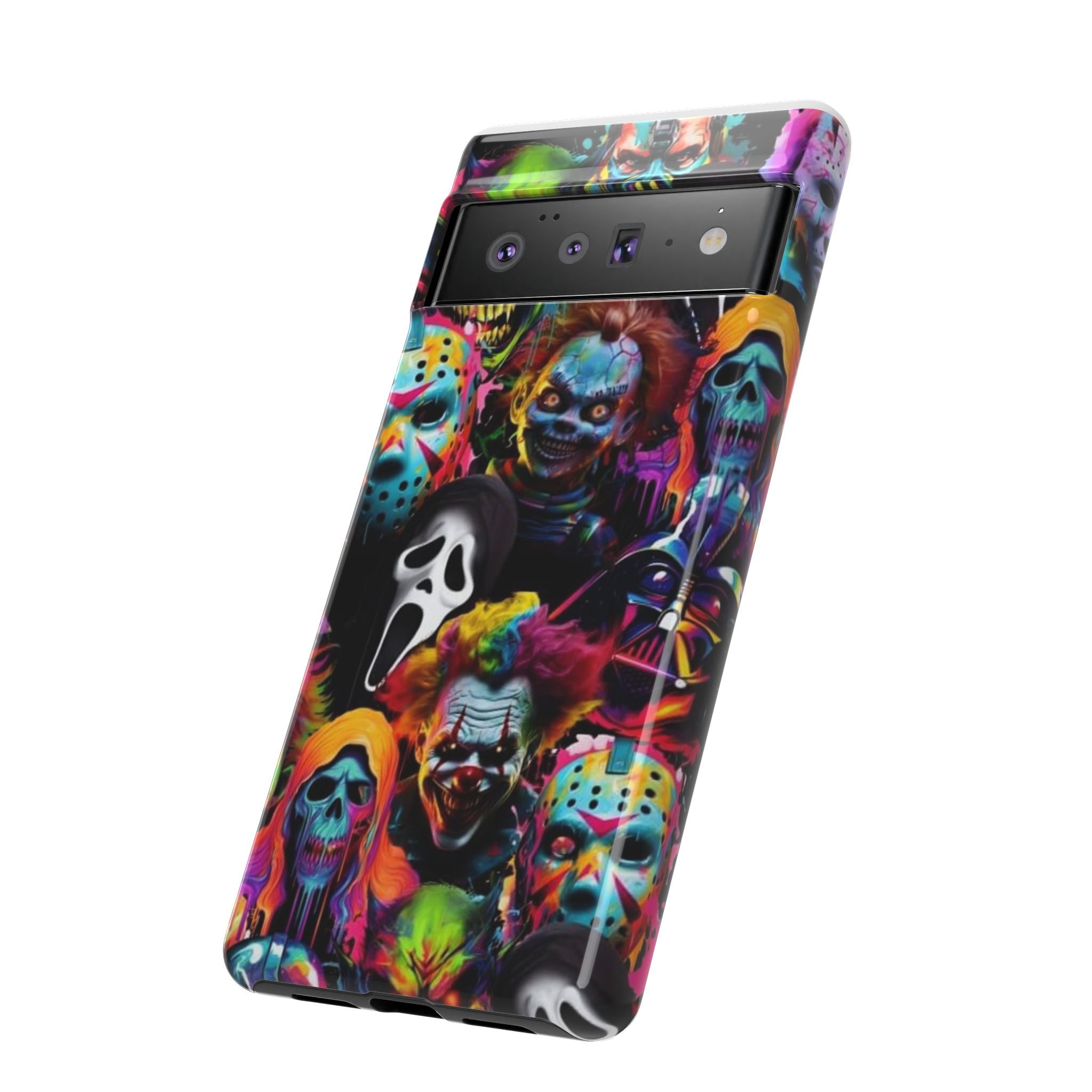 Phone Case — Neon Horror Mask Collage (Scream, Jason, Clown)