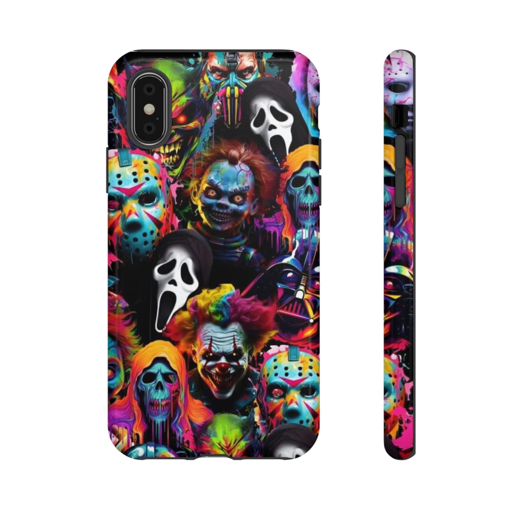 Phone Case — Neon Horror Mask Collage (Scream, Jason, Clown)