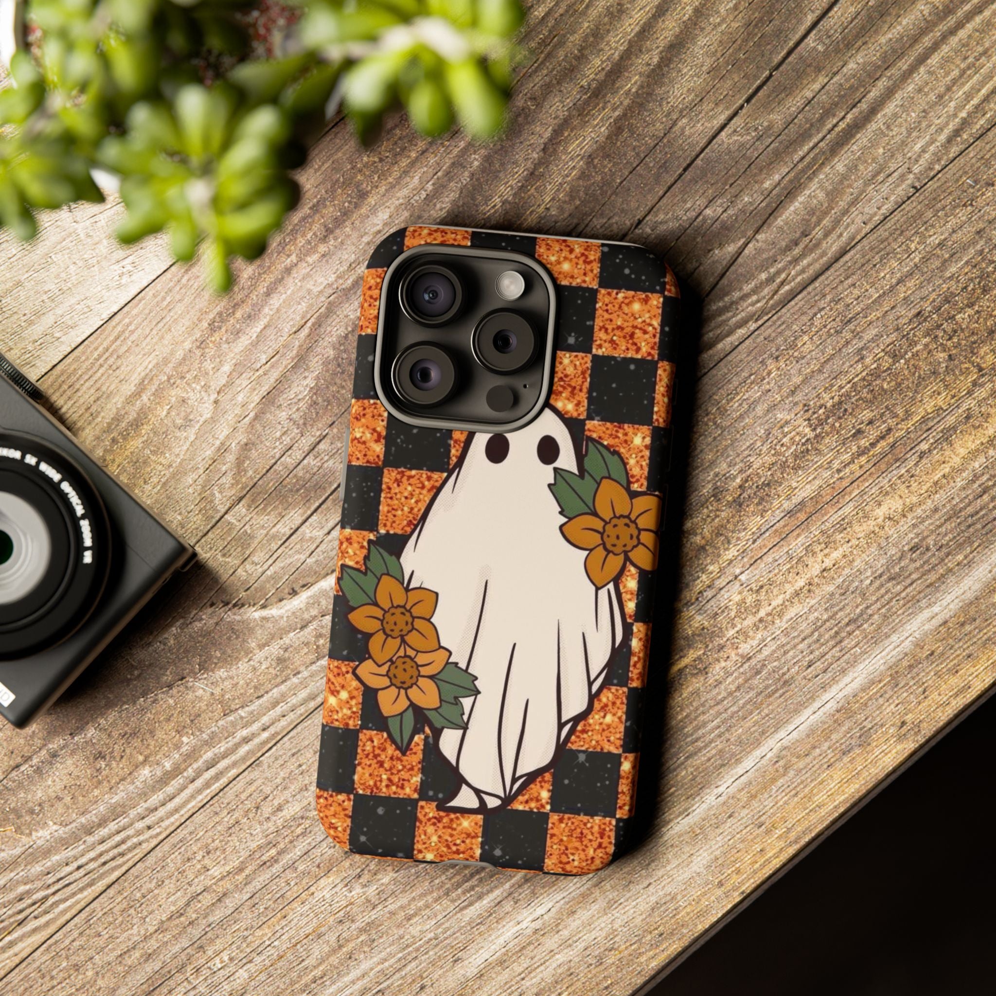 Halloween Ghost Phone Case — Checkerboard Orange Glitter Floral Design