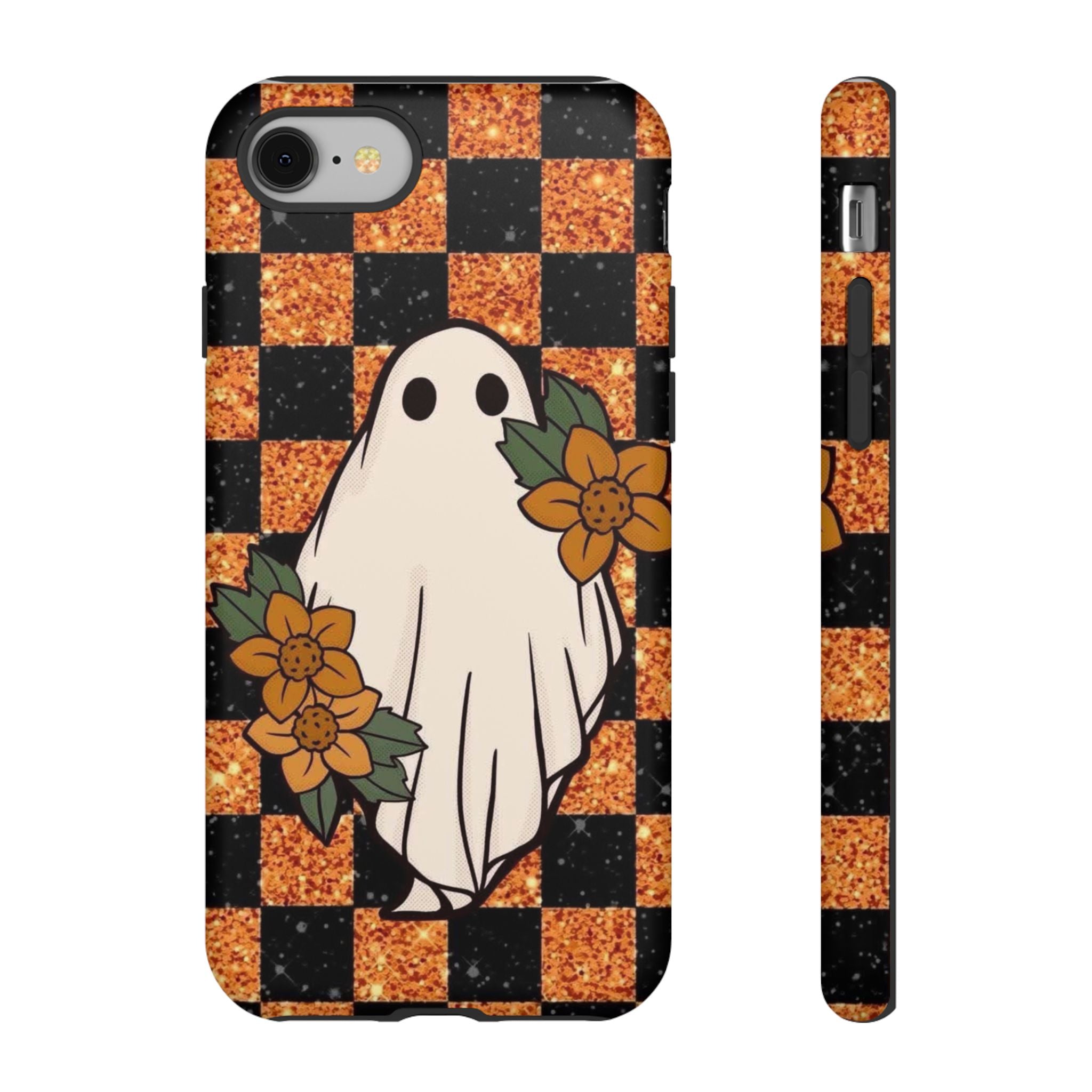 Halloween Ghost Phone Case — Checkerboard Orange Glitter Floral Design
