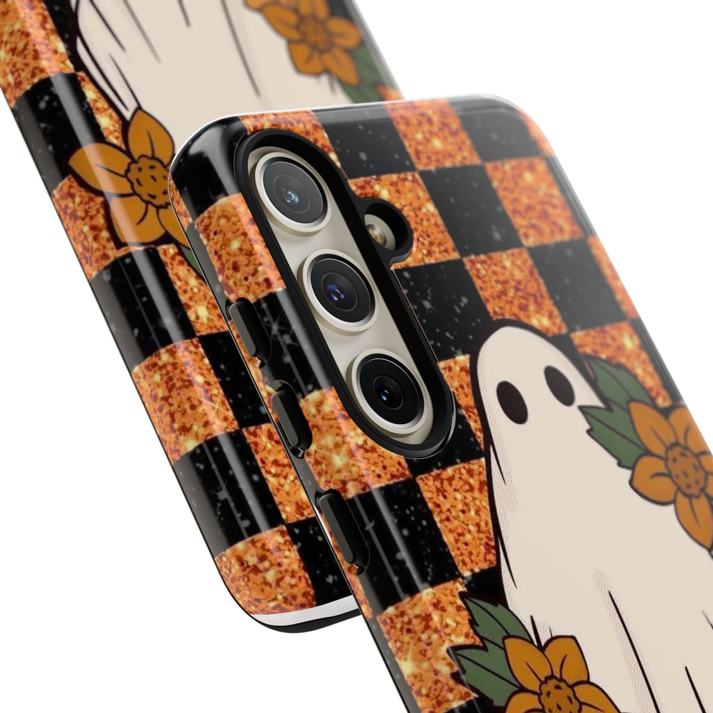 Halloween Ghost Phone Case — Checkerboard Orange Glitter Floral Design