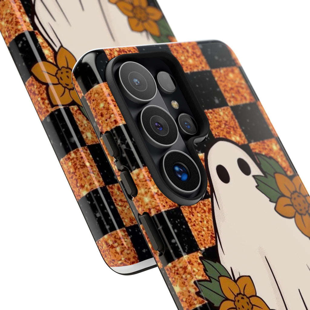 Halloween Ghost Phone Case — Checkerboard Orange Glitter Floral Design