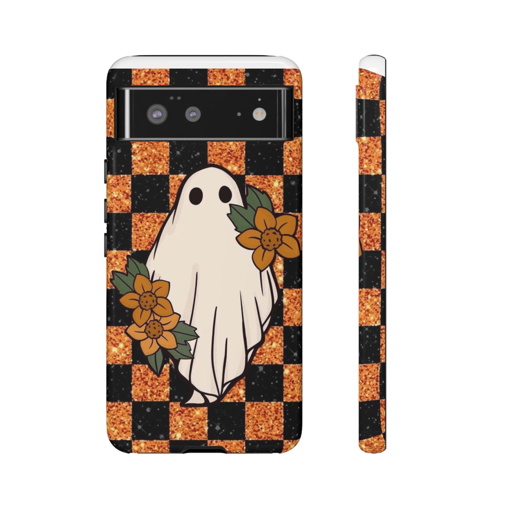 Halloween Ghost Phone Case — Checkerboard Orange Glitter Floral Design