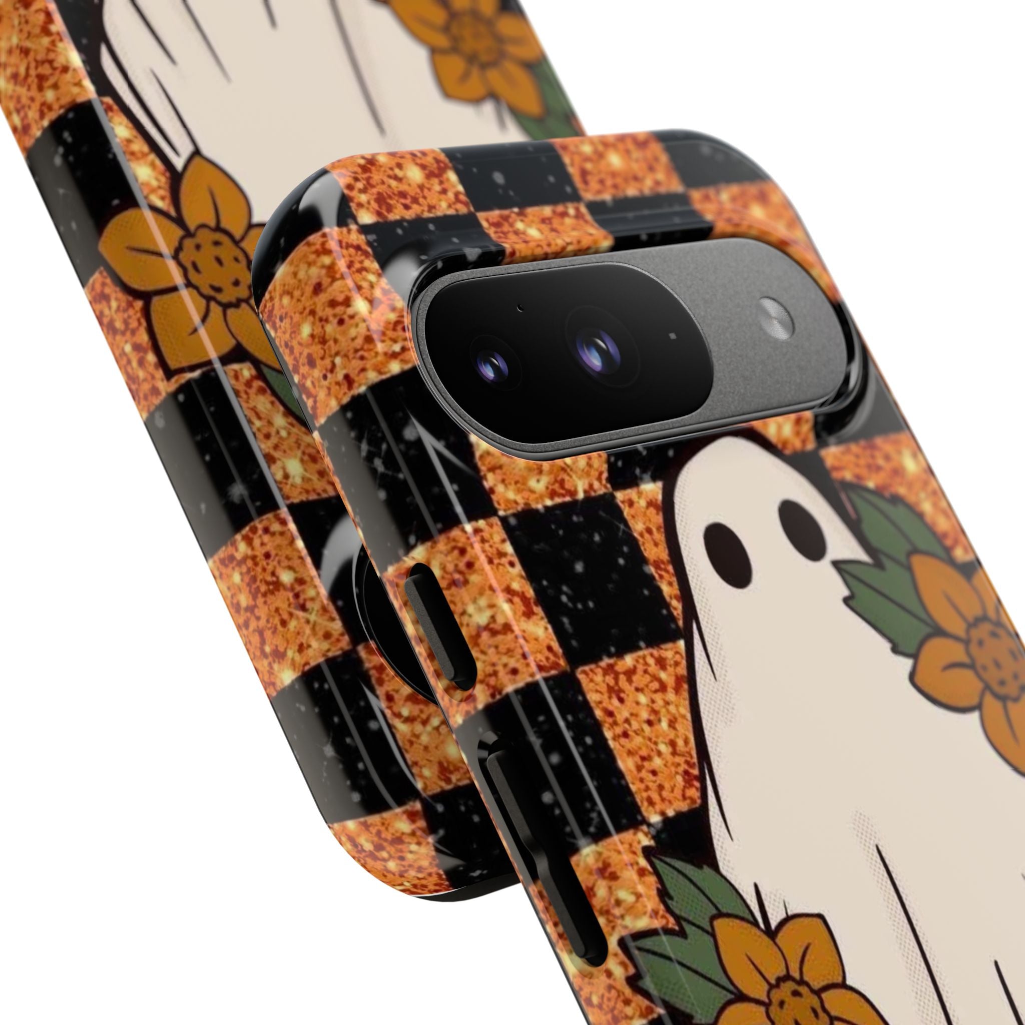 Halloween Ghost Phone Case — Checkerboard Orange Glitter Floral Design