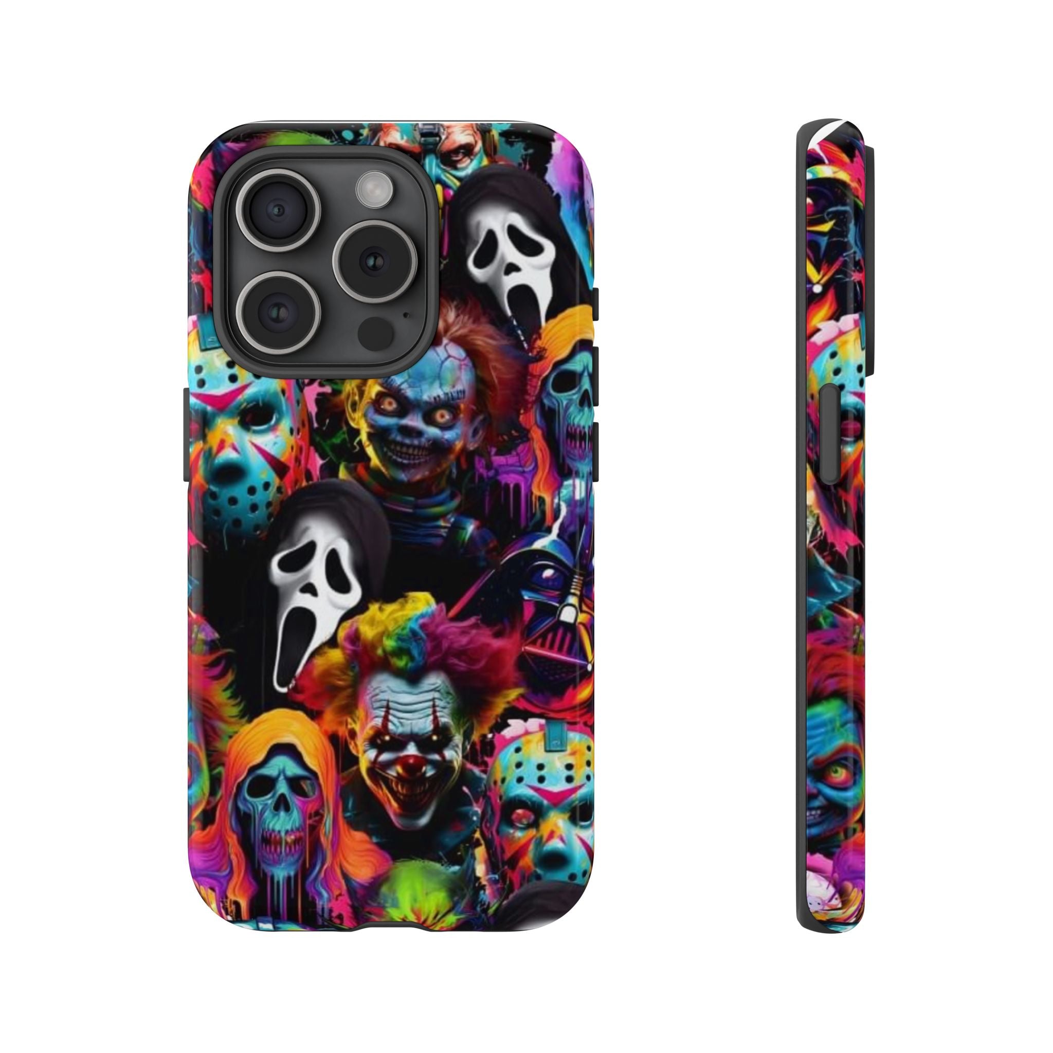 Phone Case — Neon Horror Mask Collage (Scream, Jason, Clown)
