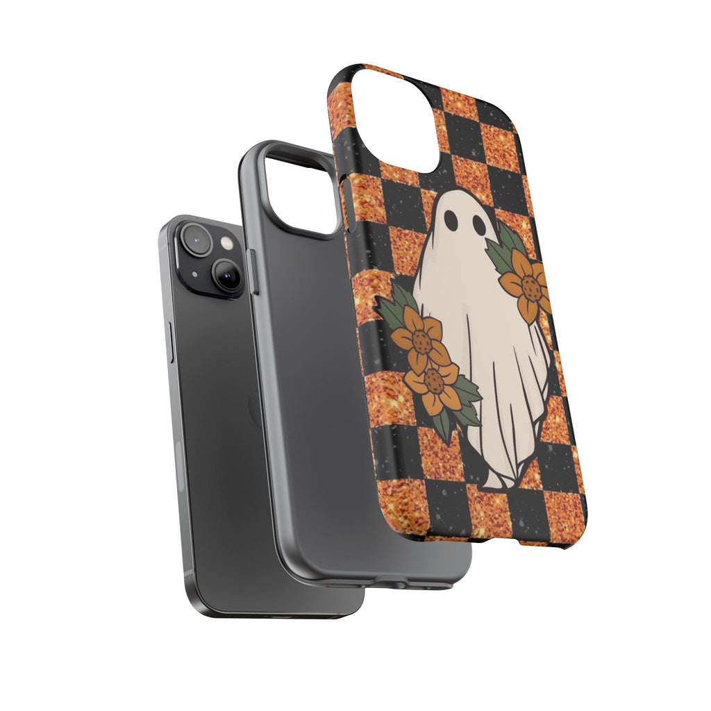 Halloween Ghost Phone Case — Checkerboard Orange Glitter Floral Design