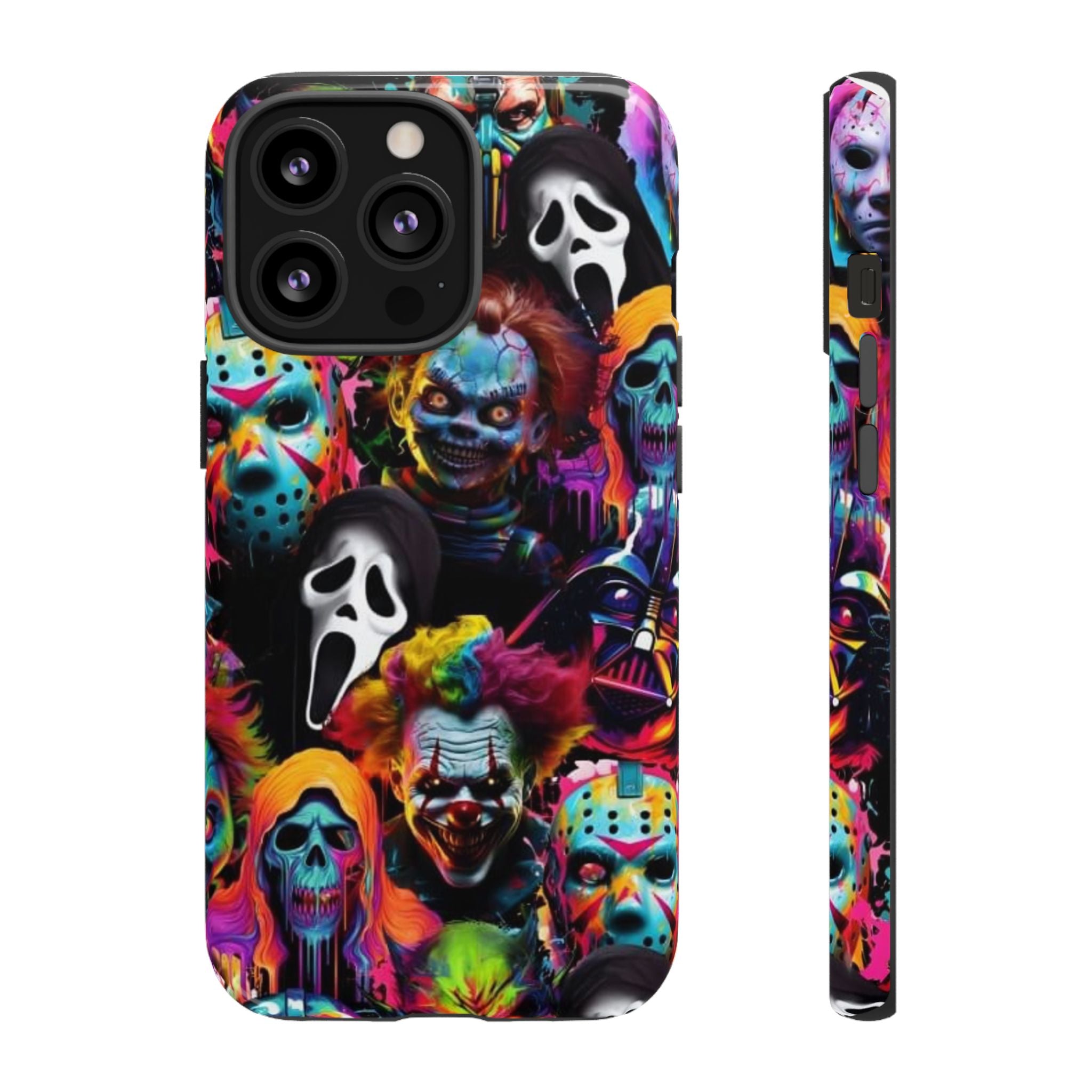 Phone Case — Neon Horror Mask Collage (Scream, Jason, Clown)