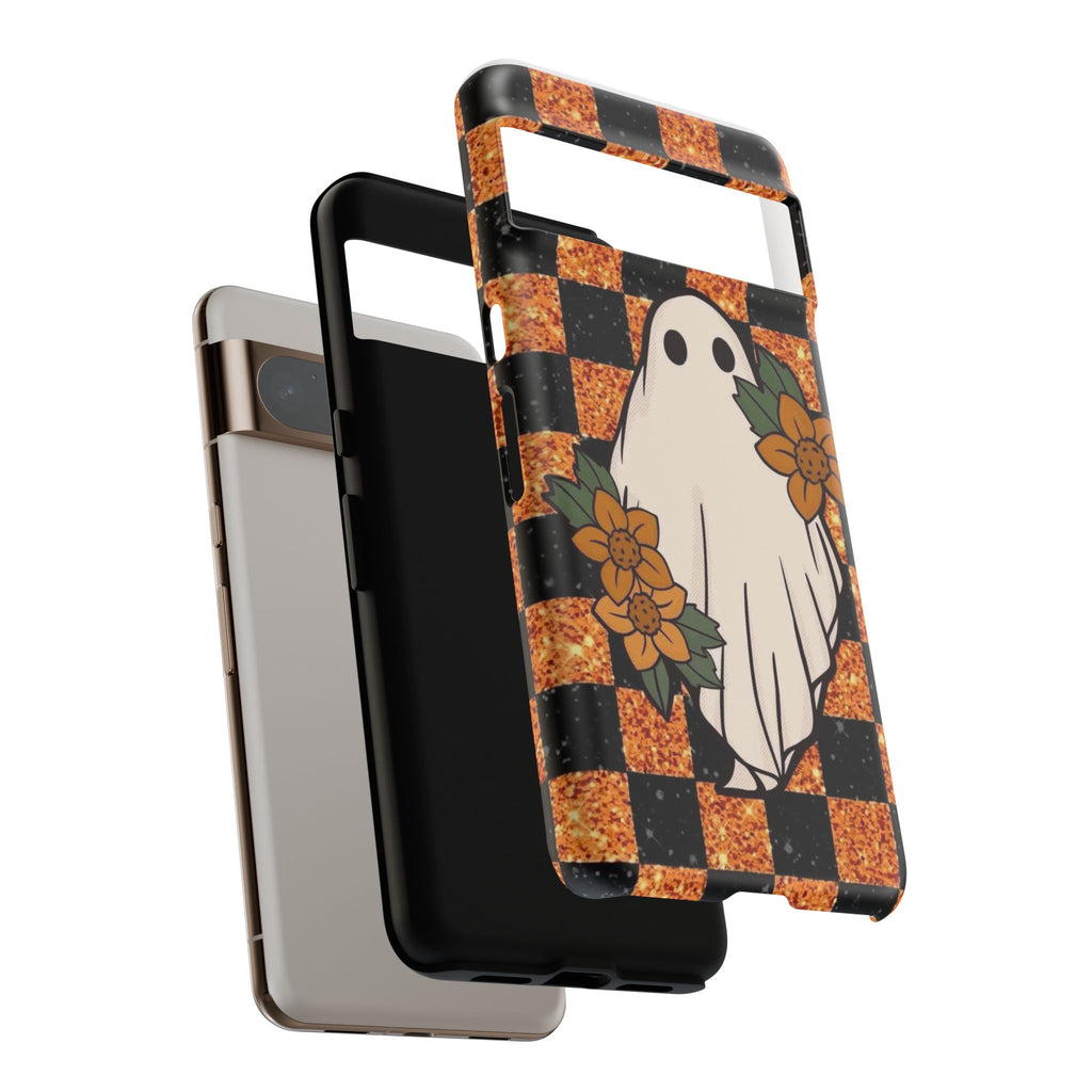 Halloween Ghost Phone Case — Checkerboard Orange Glitter Floral Design