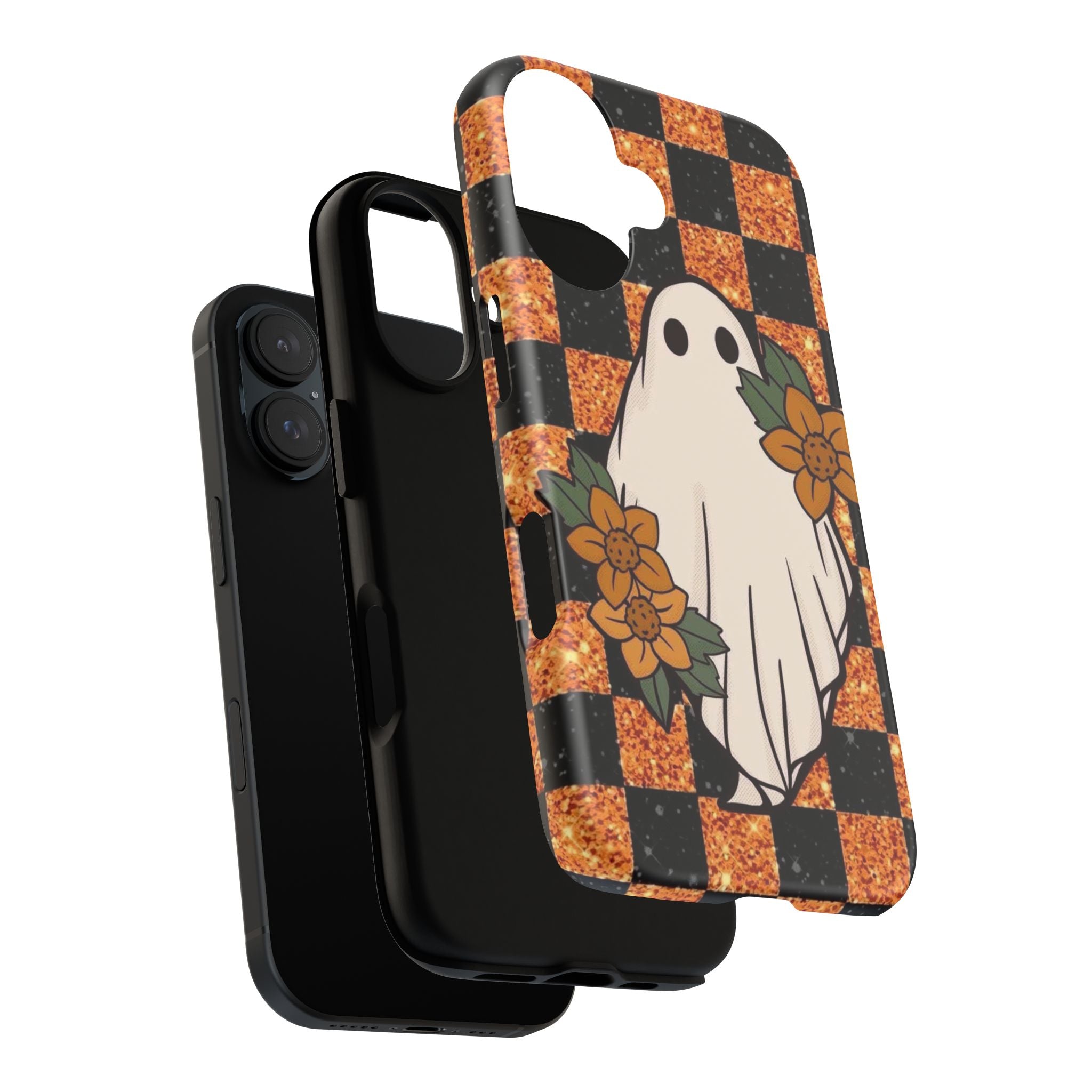 Halloween Ghost Phone Case — Checkerboard Orange Glitter Floral Design