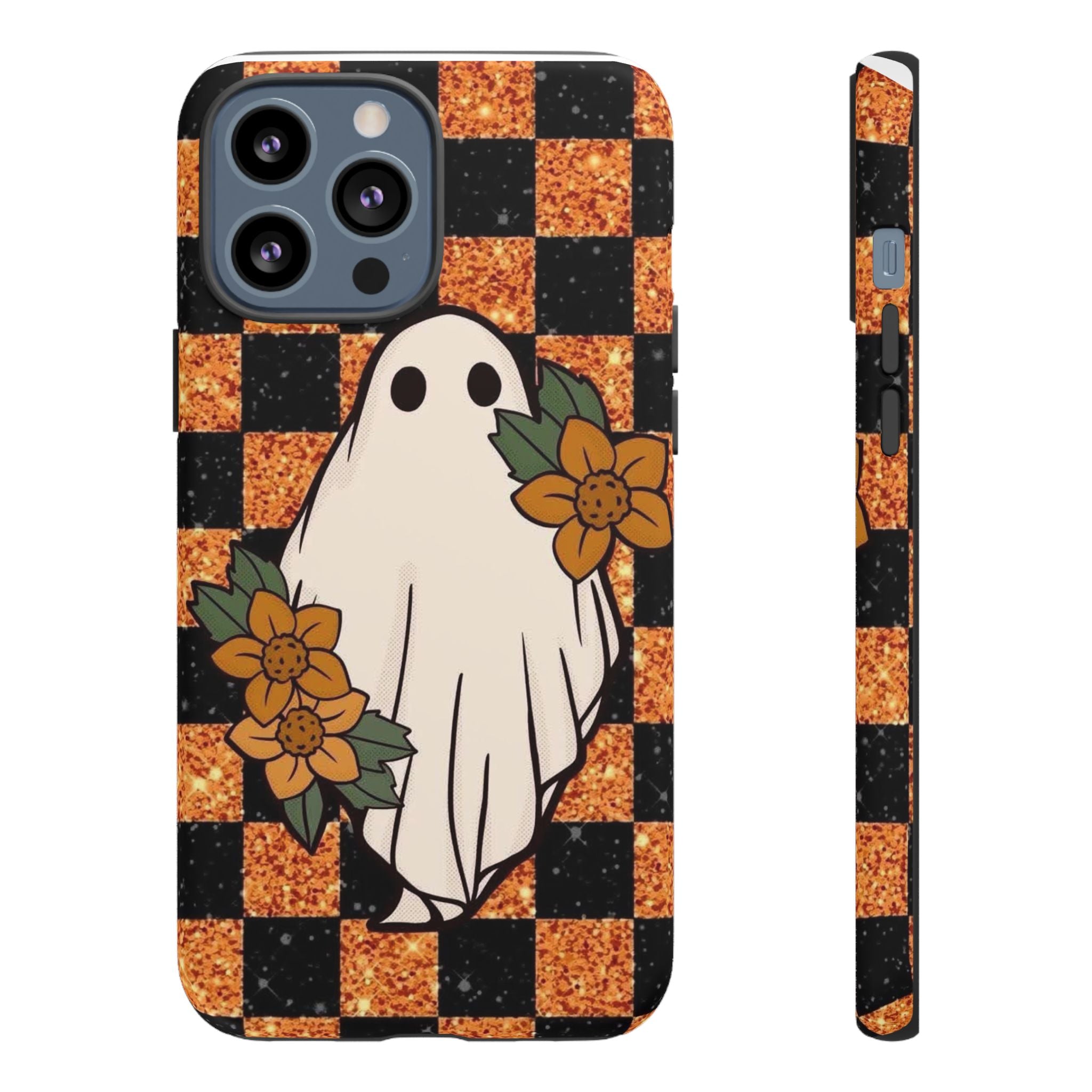 Halloween Ghost Phone Case — Checkerboard Orange Glitter Floral Design