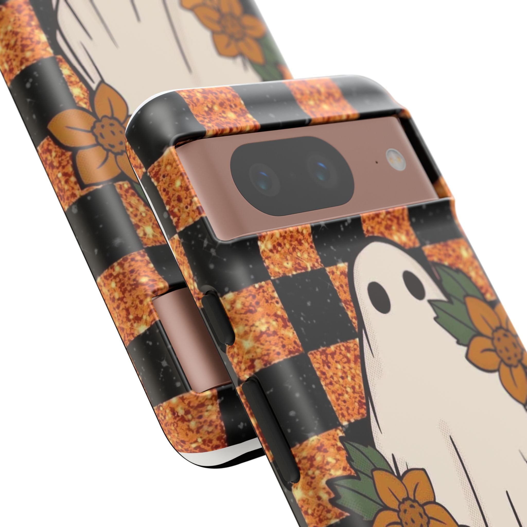 Halloween Ghost Phone Case — Checkerboard Orange Glitter Floral Design