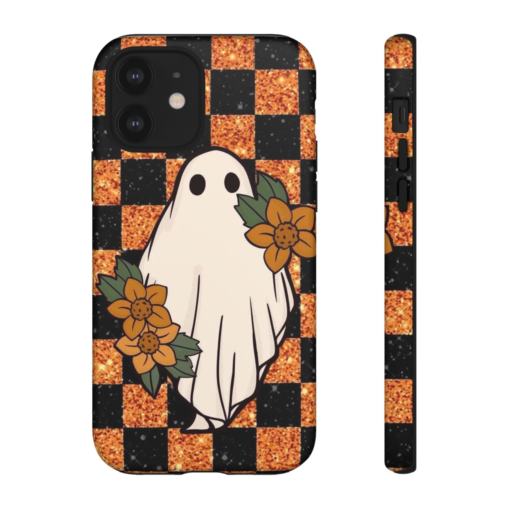 Halloween Ghost Phone Case — Checkerboard Orange Glitter Floral Design