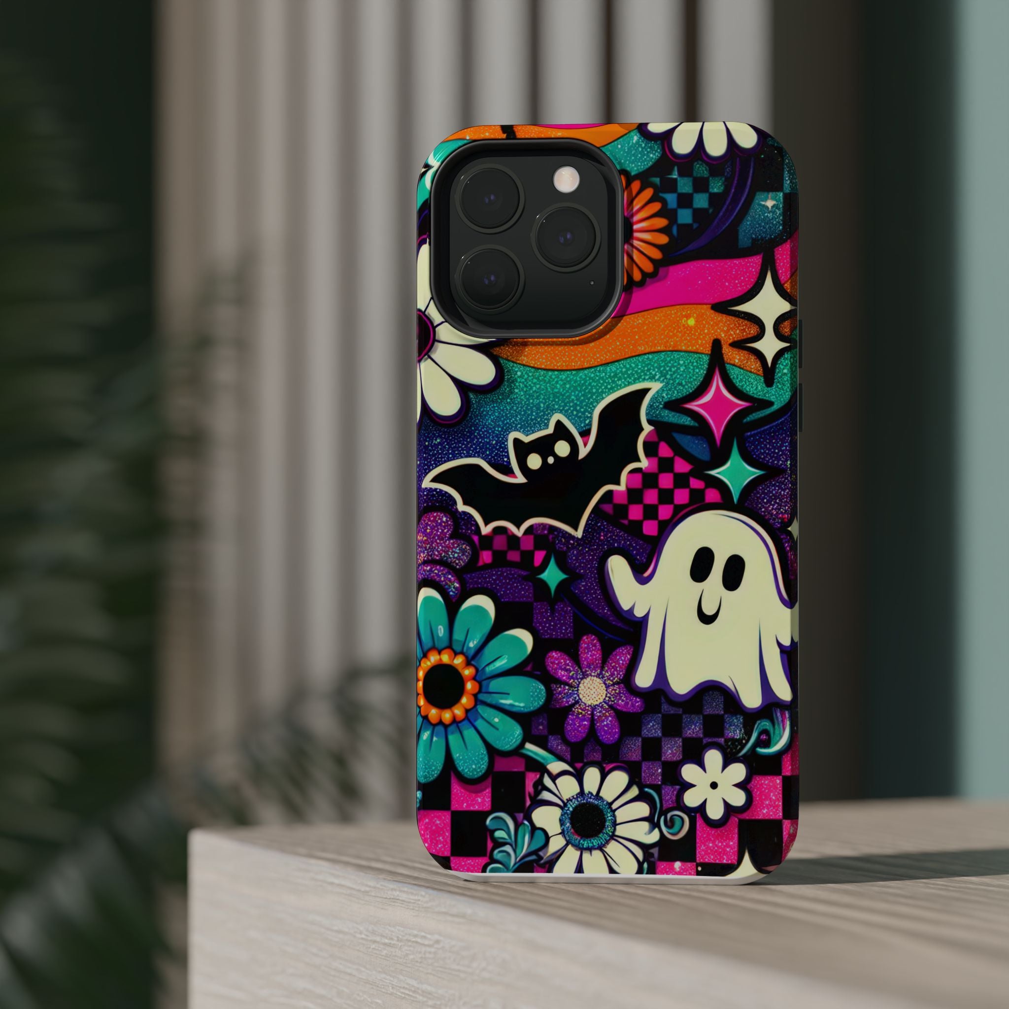 Halloween Retro Ghost & Bat Phone Case — Magnetic Impact-Resistant