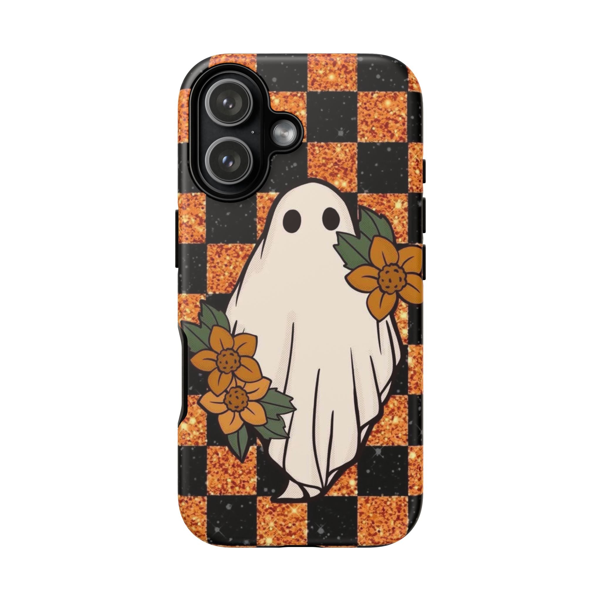 Halloween Ghost Phone Case — Checkerboard Orange Glitter Floral Design