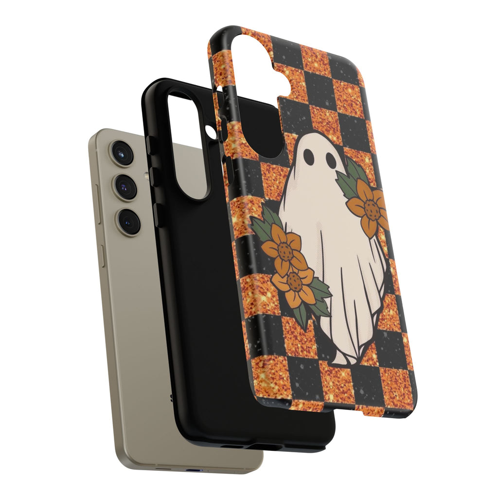 Halloween Ghost Phone Case — Checkerboard Orange Glitter Floral Design