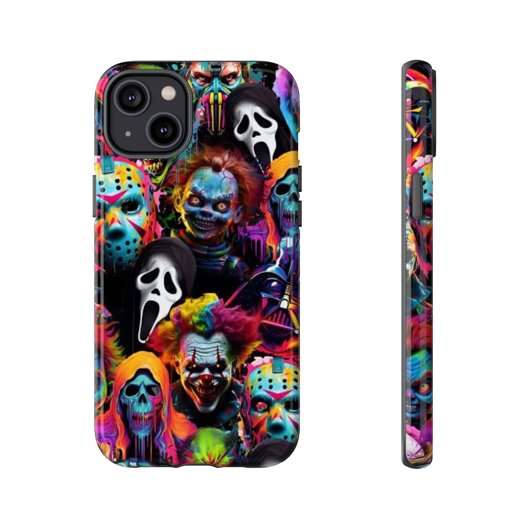 Phone Case — Neon Horror Mask Collage (Scream, Jason, Clown)