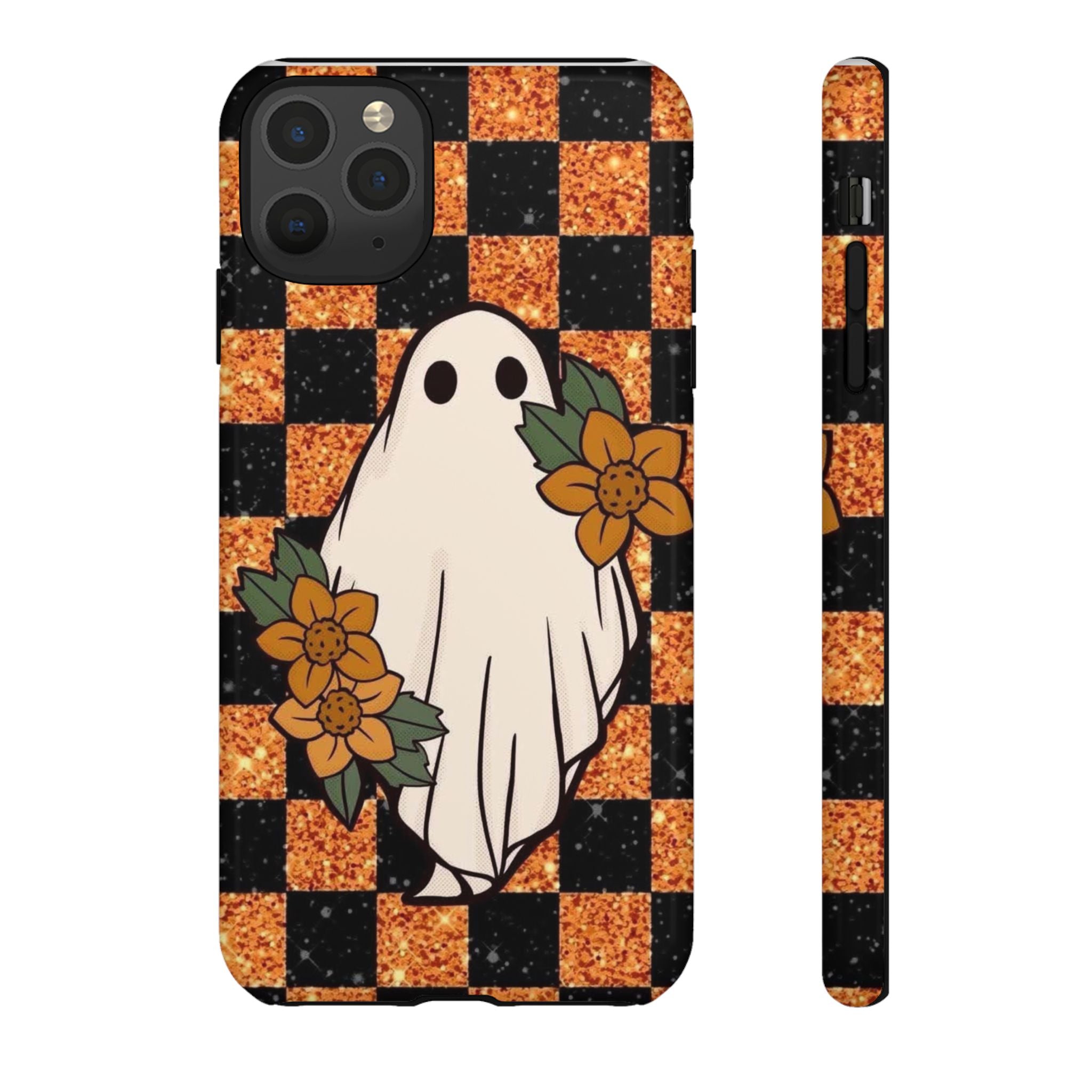 Halloween Ghost Phone Case — Checkerboard Orange Glitter Floral Design