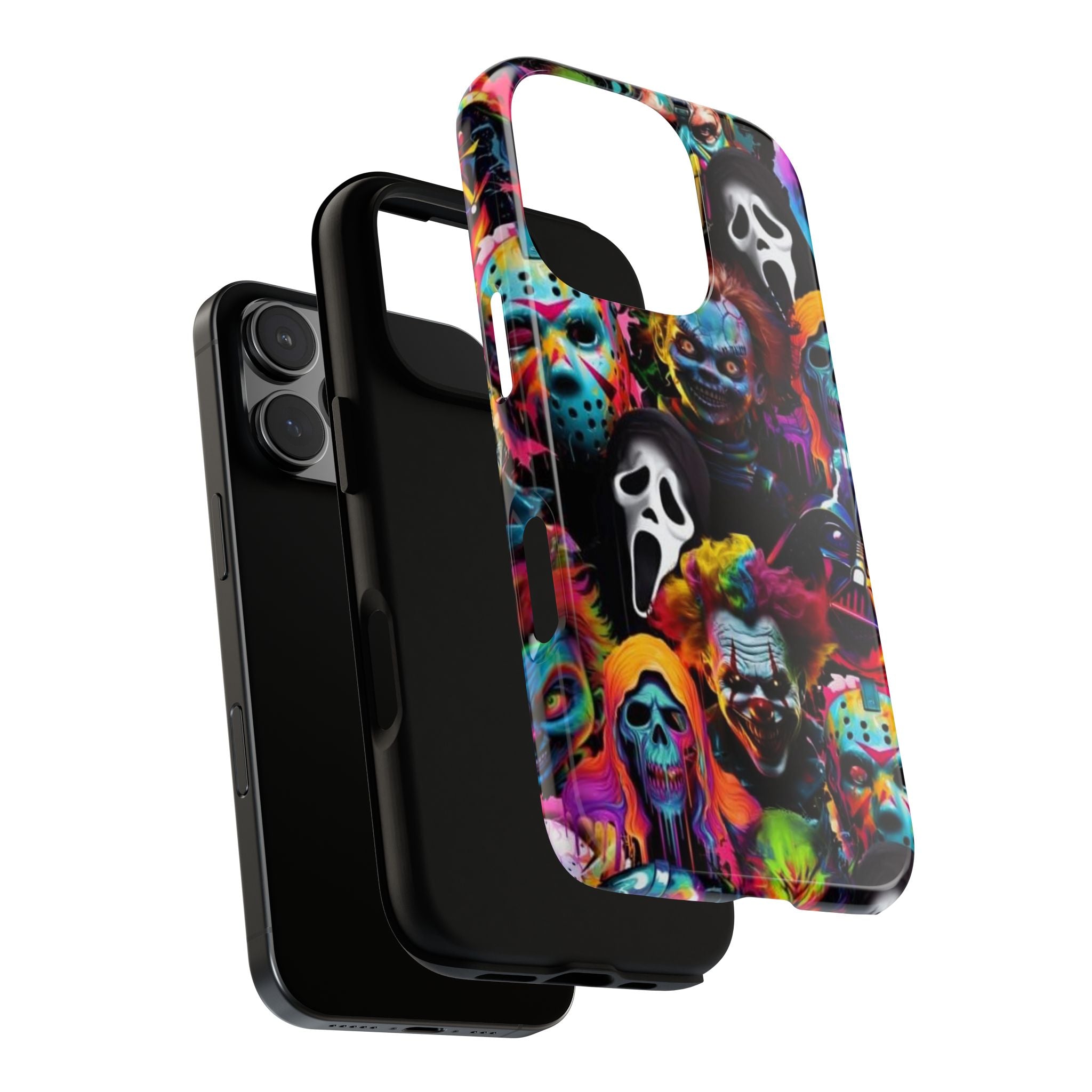 Phone Case — Neon Horror Mask Collage (Scream, Jason, Clown)