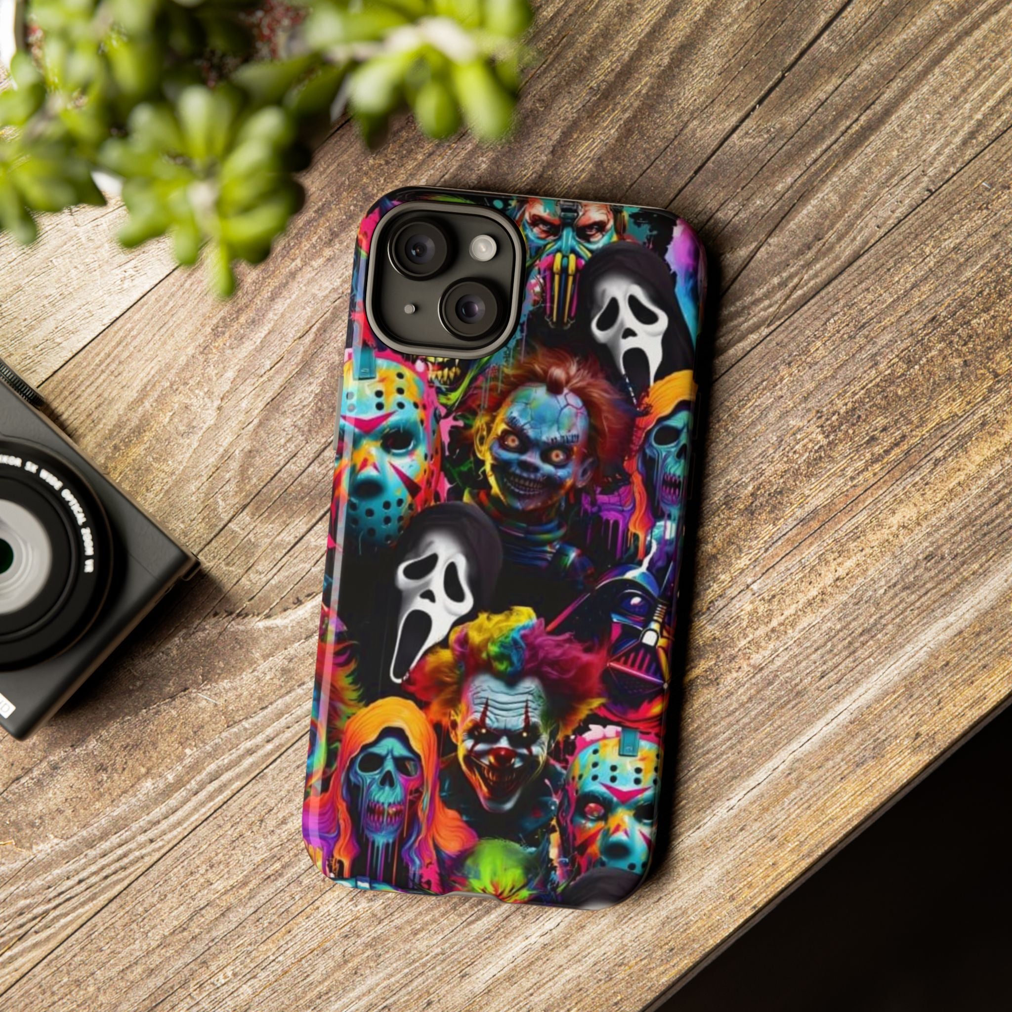 Phone Case — Neon Horror Mask Collage (Scream, Jason, Clown)