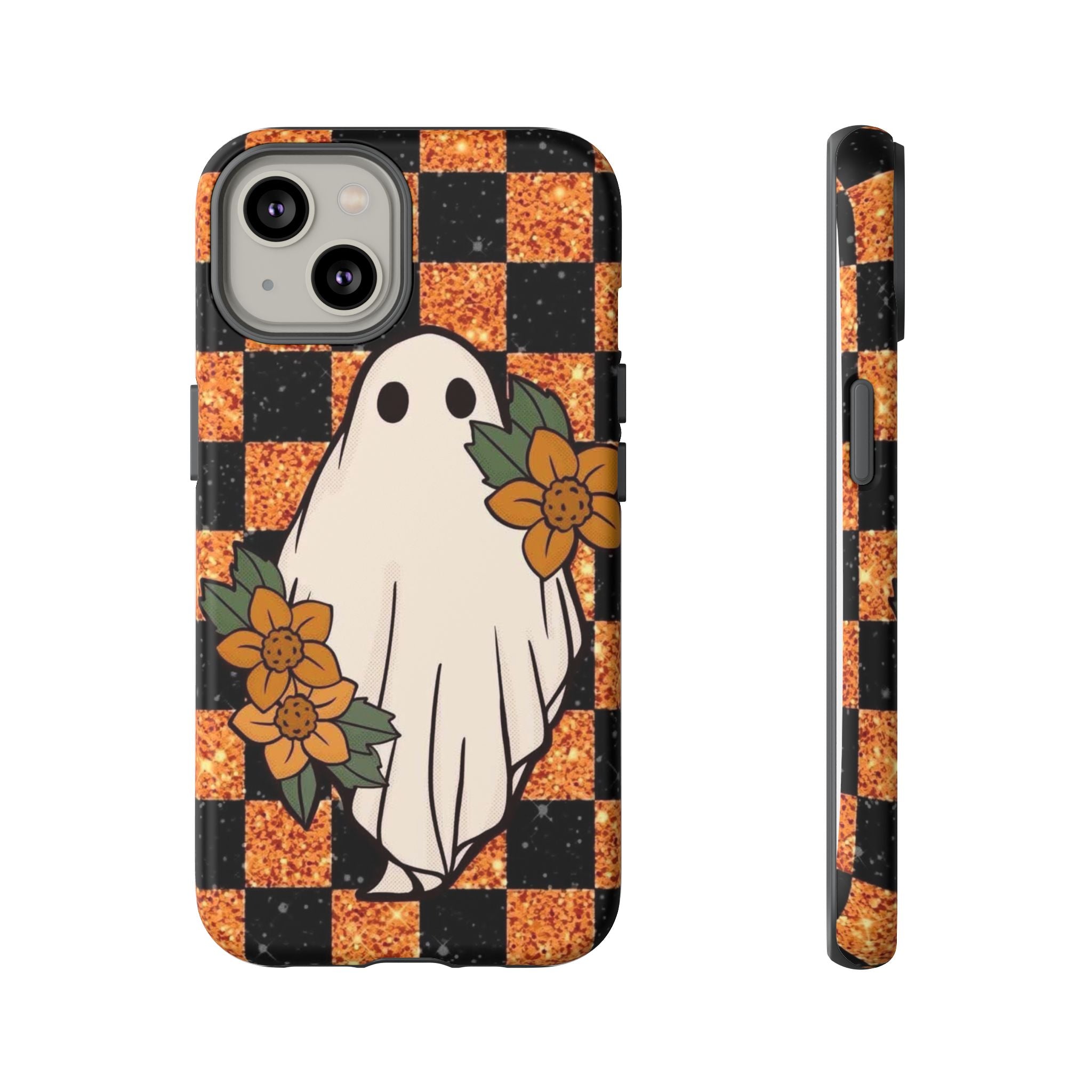 Halloween Ghost Phone Case — Checkerboard Orange Glitter Floral Design