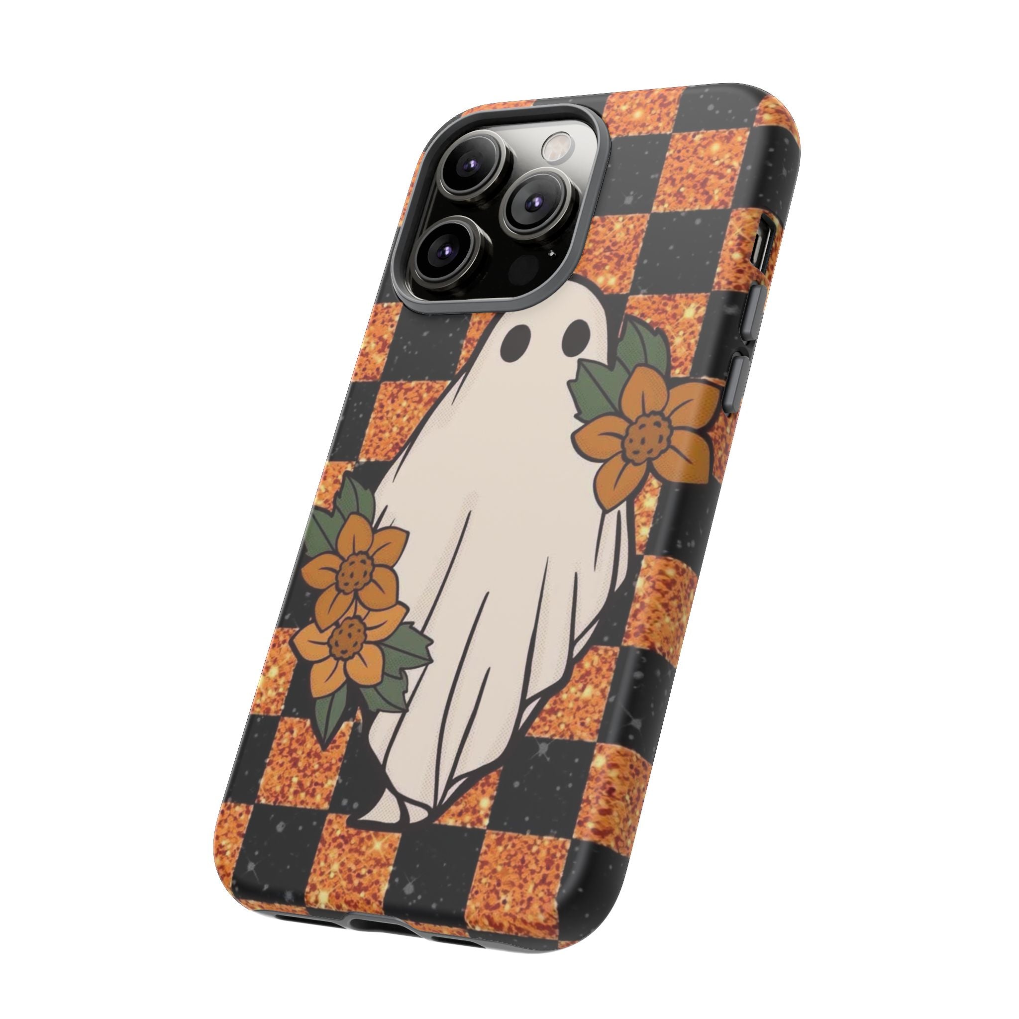 Halloween Ghost Phone Case — Checkerboard Orange Glitter Floral Design