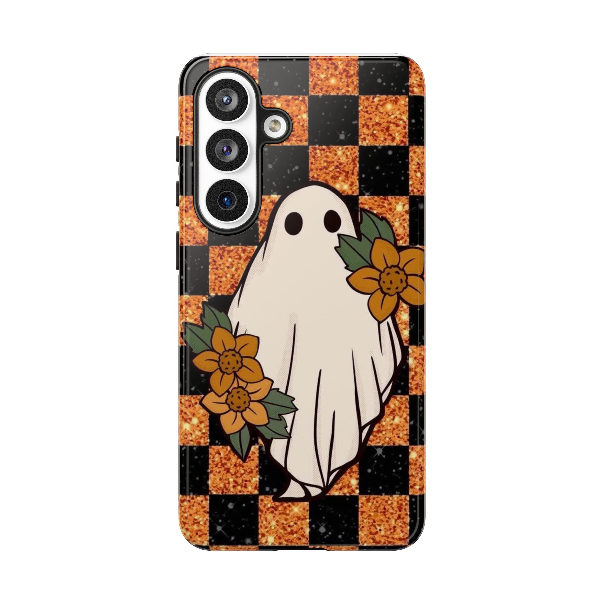 Halloween Ghost Phone Case — Checkerboard Orange Glitter Floral Design