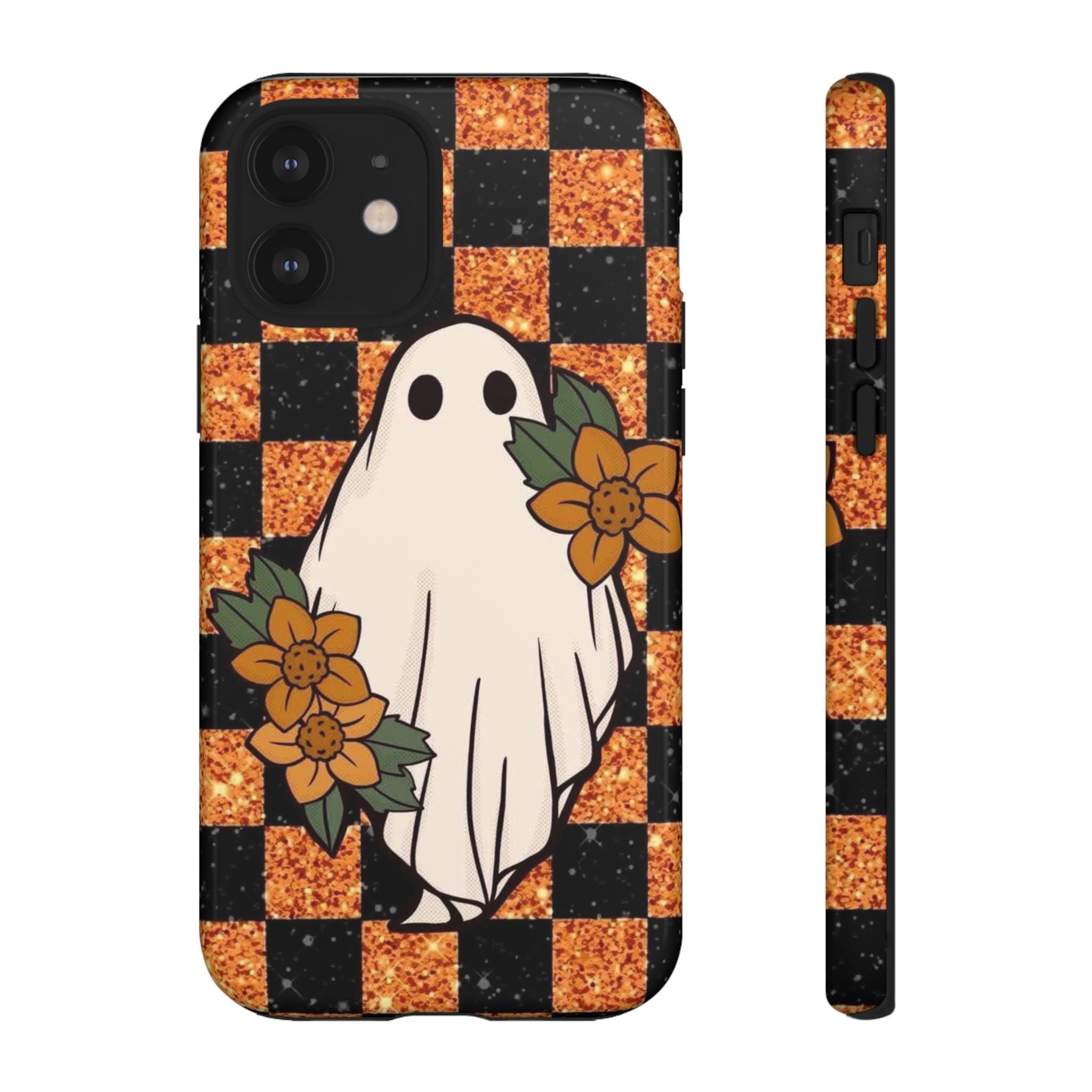 Halloween Ghost Phone Case — Checkerboard Orange Glitter Floral Design