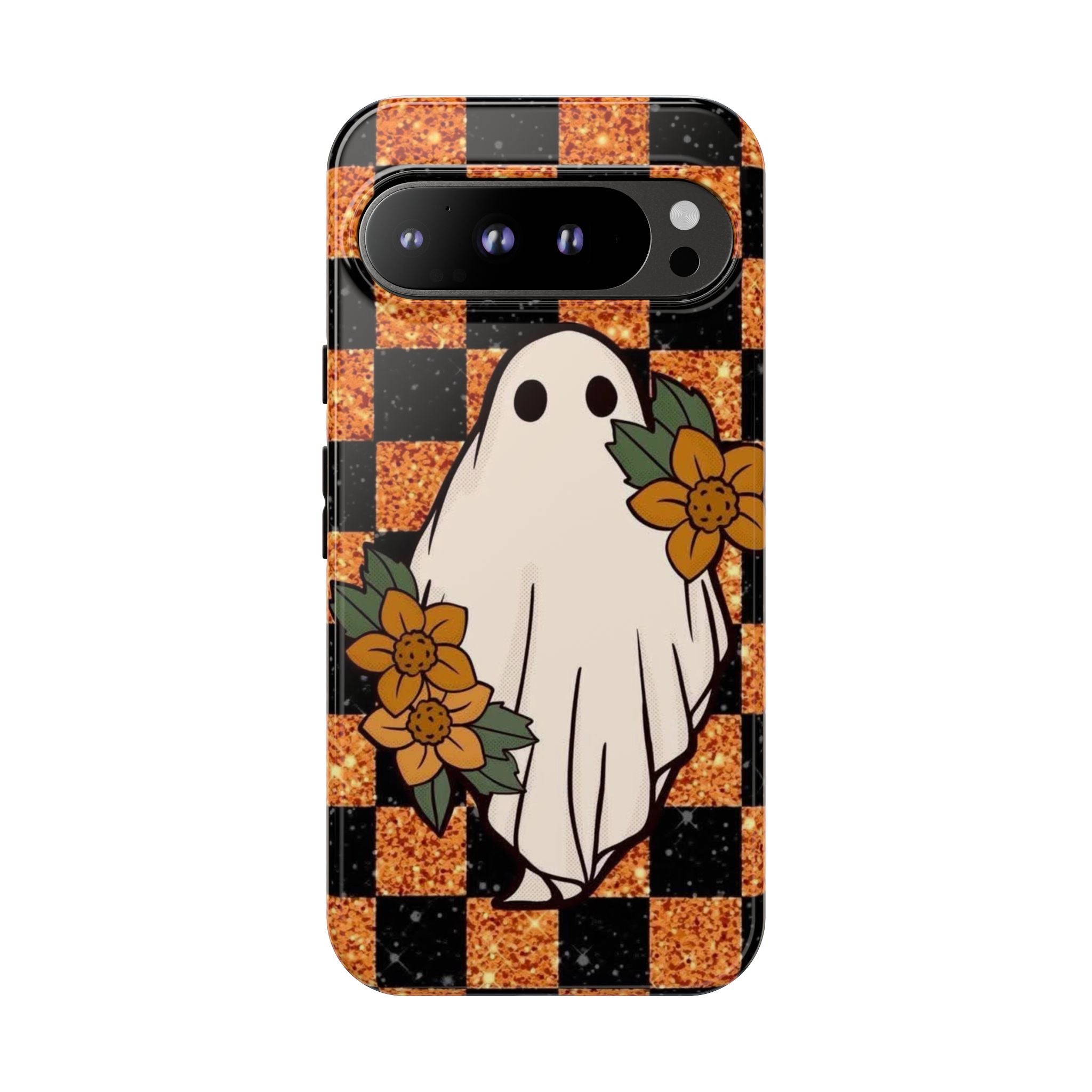Halloween Ghost Phone Case — Checkerboard Orange Glitter Floral Design