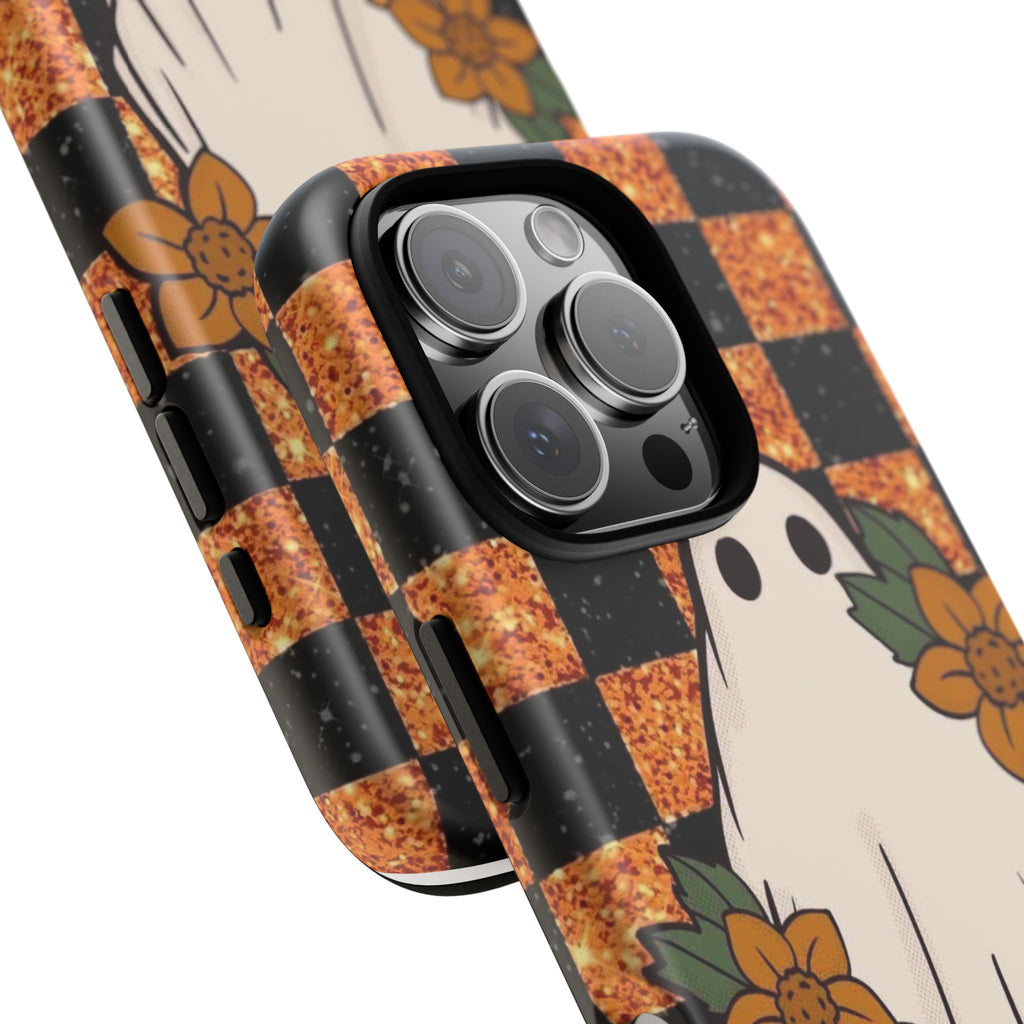 Halloween Ghost Phone Case — Checkerboard Orange Glitter Floral Design