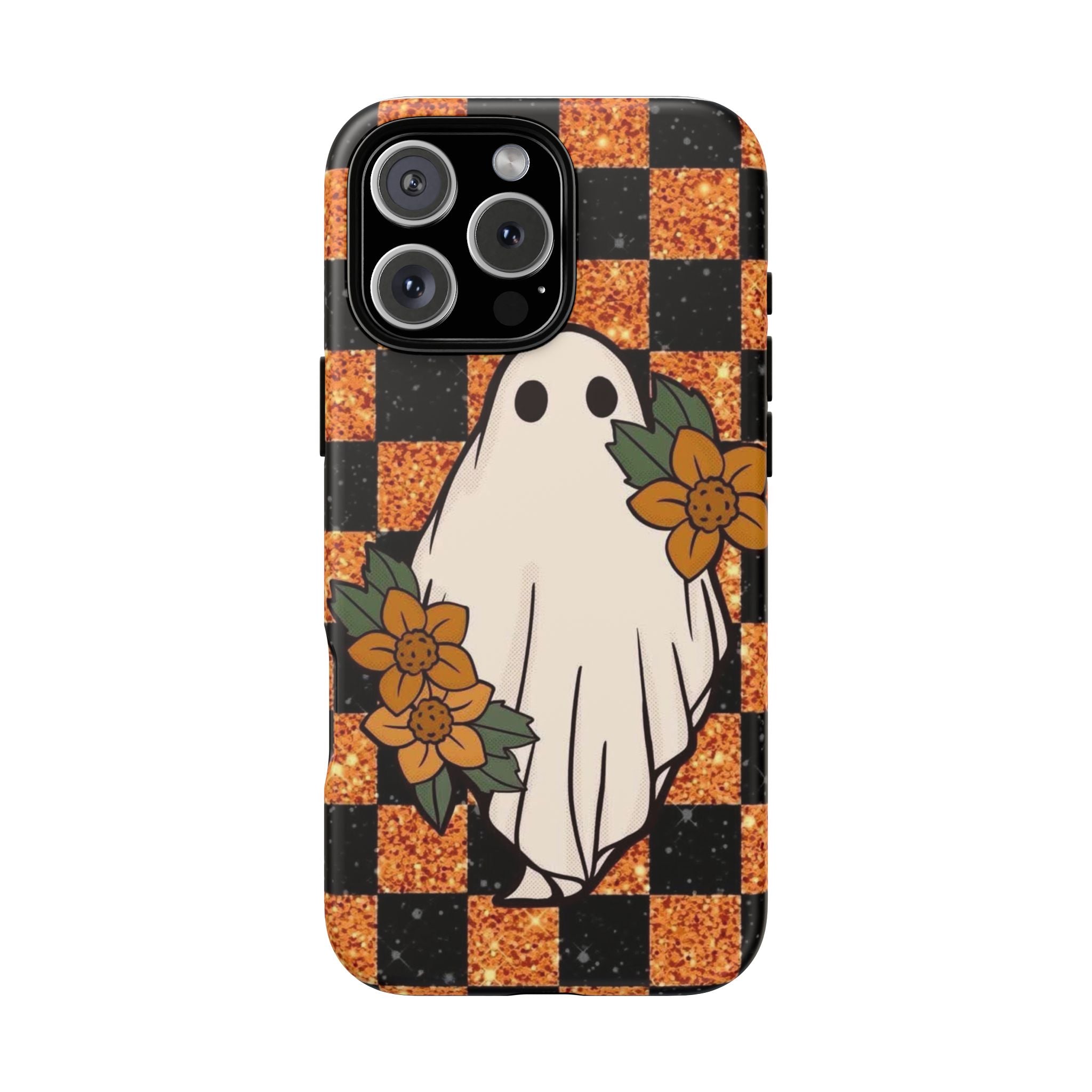 Halloween Ghost Phone Case — Checkerboard Orange Glitter Floral Design