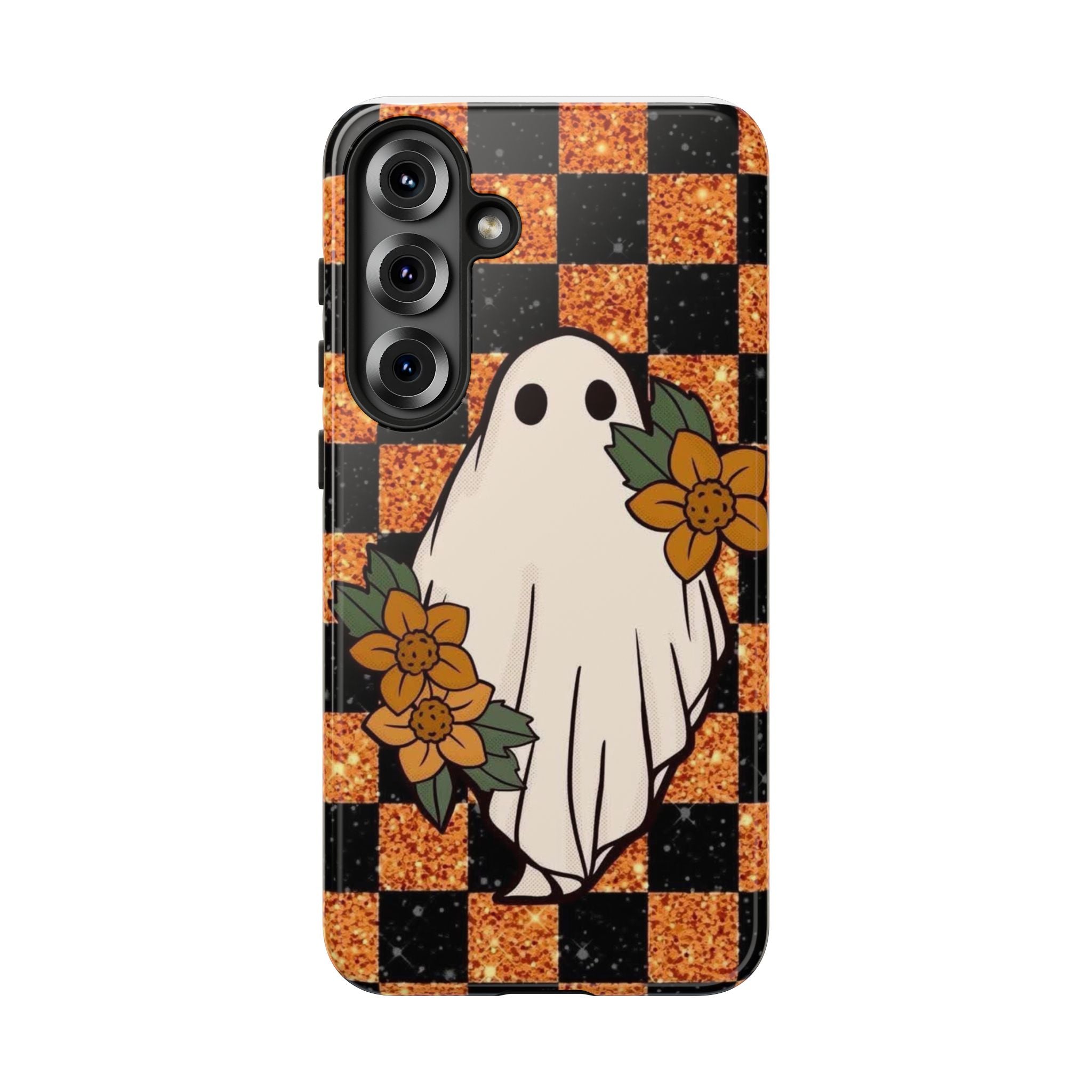 Halloween Ghost Phone Case — Checkerboard Orange Glitter Floral Design