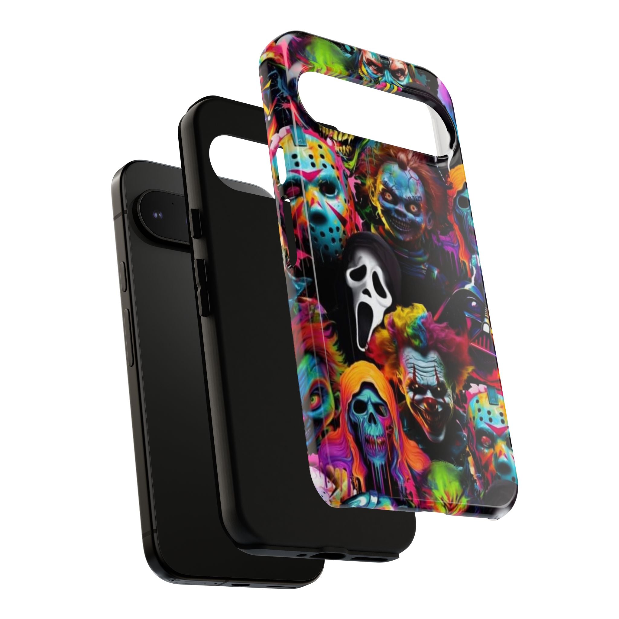 Phone Case — Neon Horror Mask Collage (Scream, Jason, Clown)