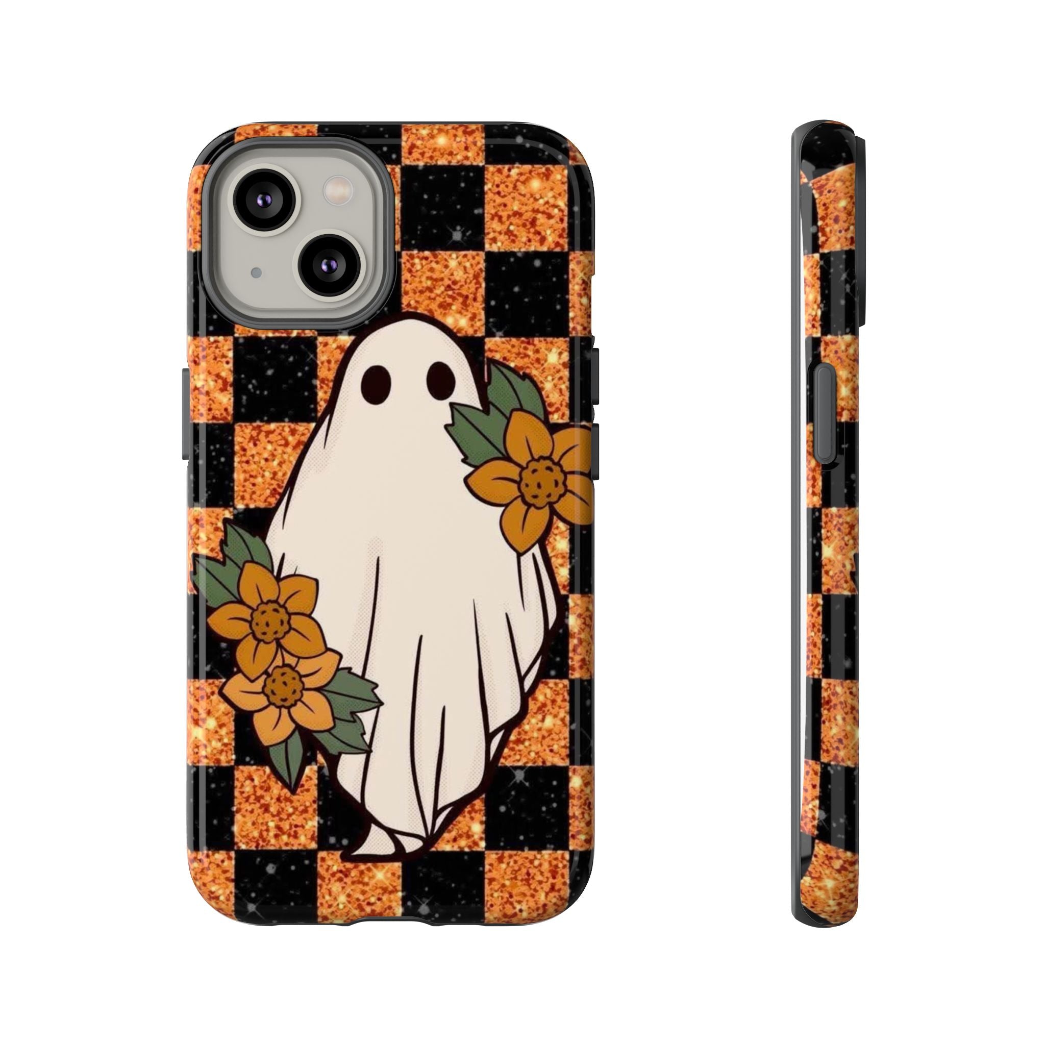 Halloween Ghost Phone Case — Checkerboard Orange Glitter Floral Design