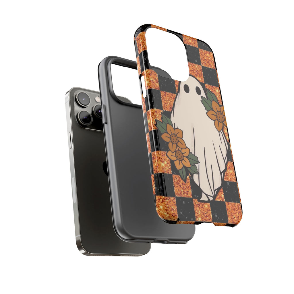 Halloween Ghost Phone Case — Checkerboard Orange Glitter Floral Design