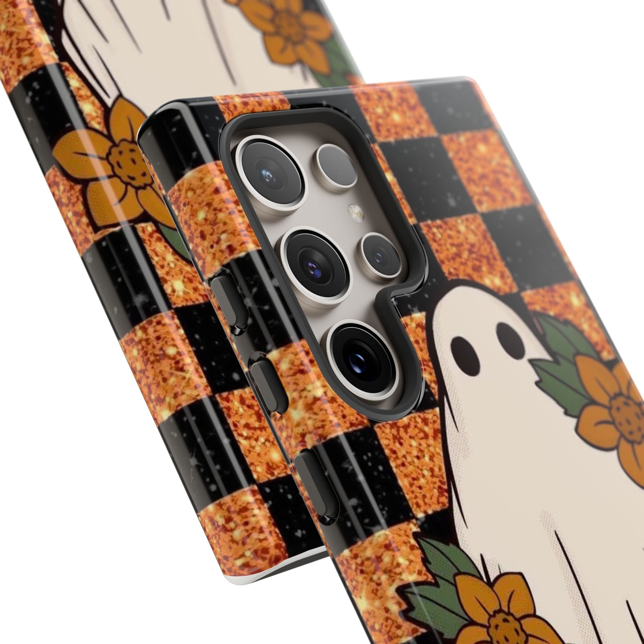 Halloween Ghost Phone Case — Checkerboard Orange Glitter Floral Design