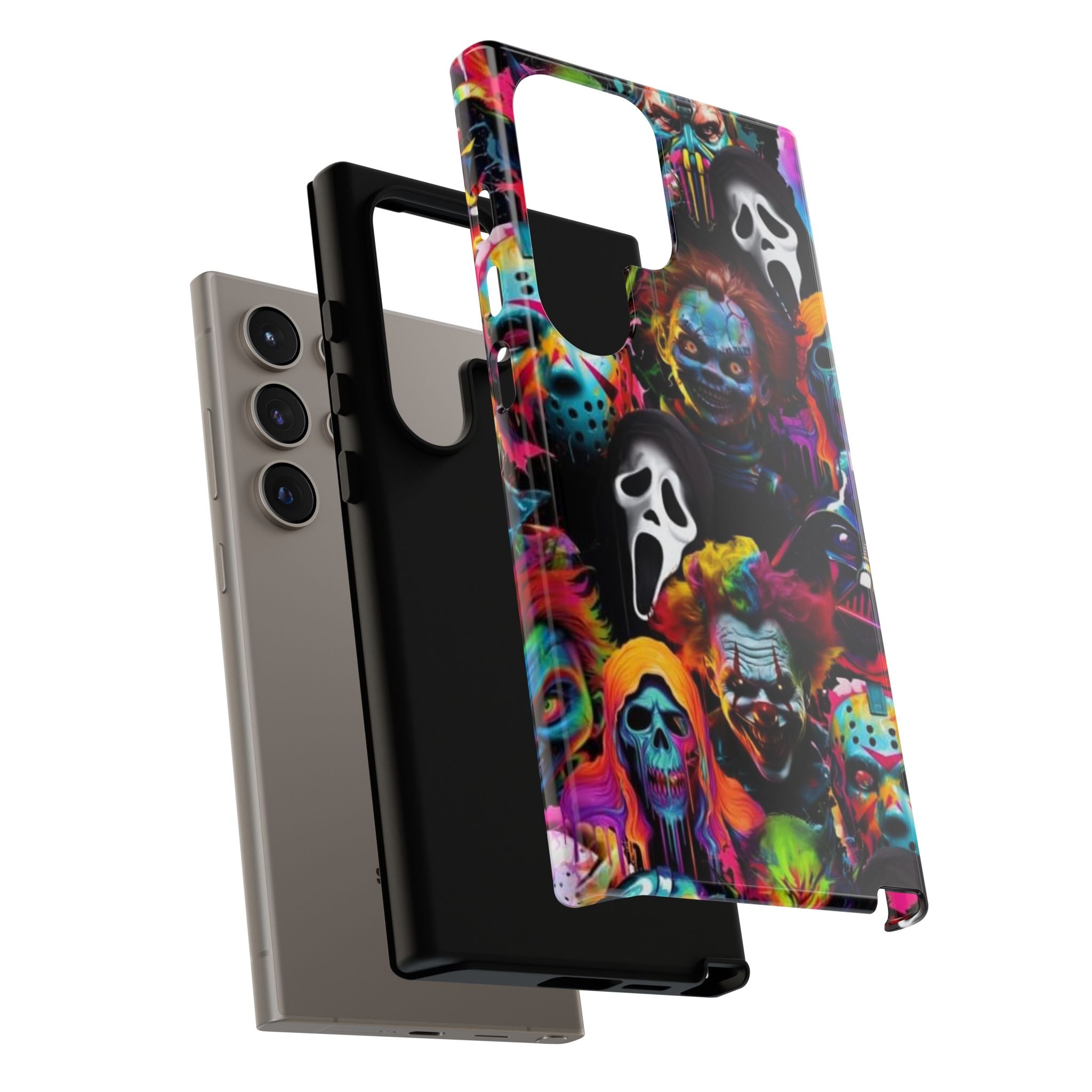 Phone Case — Neon Horror Mask Collage (Scream, Jason, Clown)