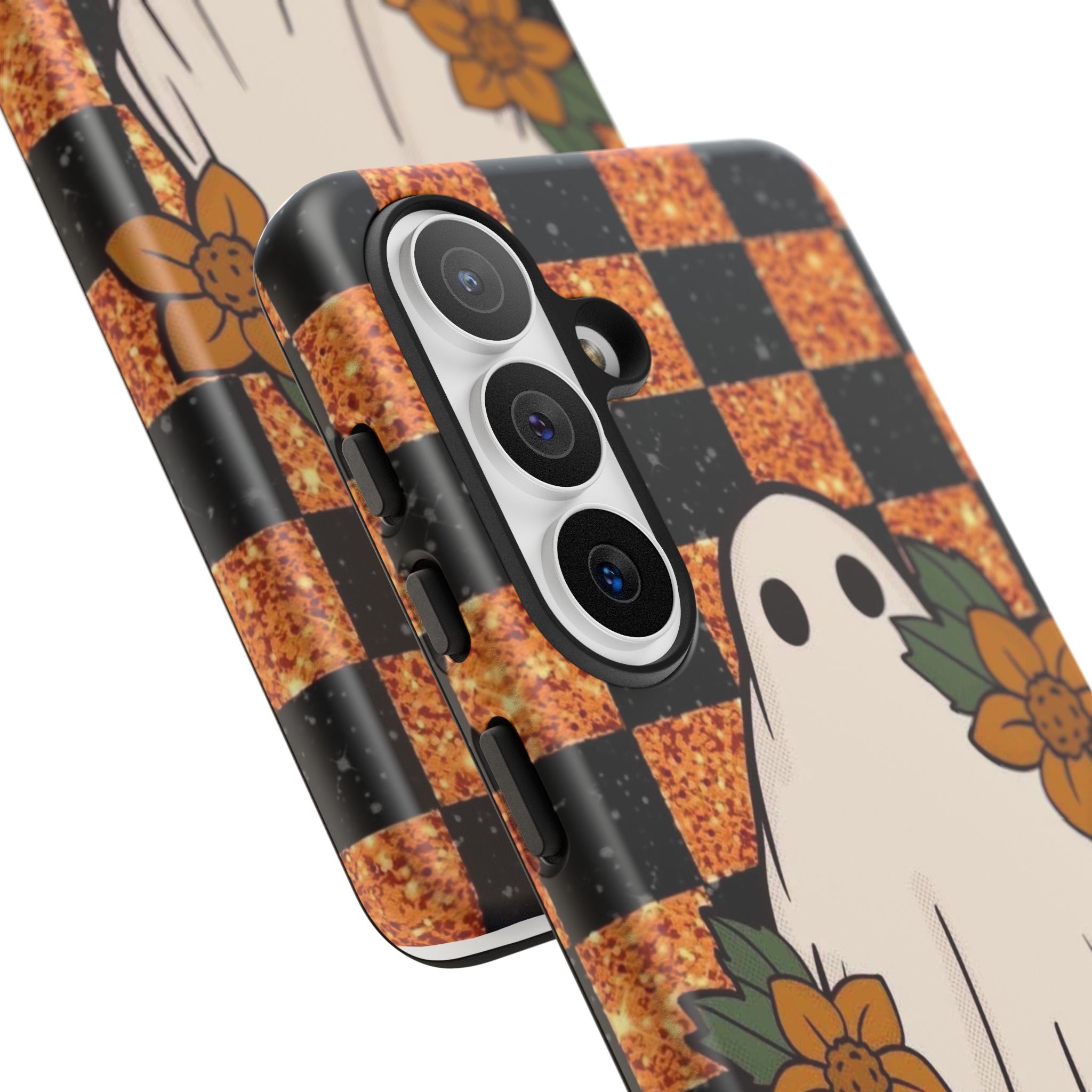 Halloween Ghost Phone Case — Checkerboard Orange Glitter Floral Design