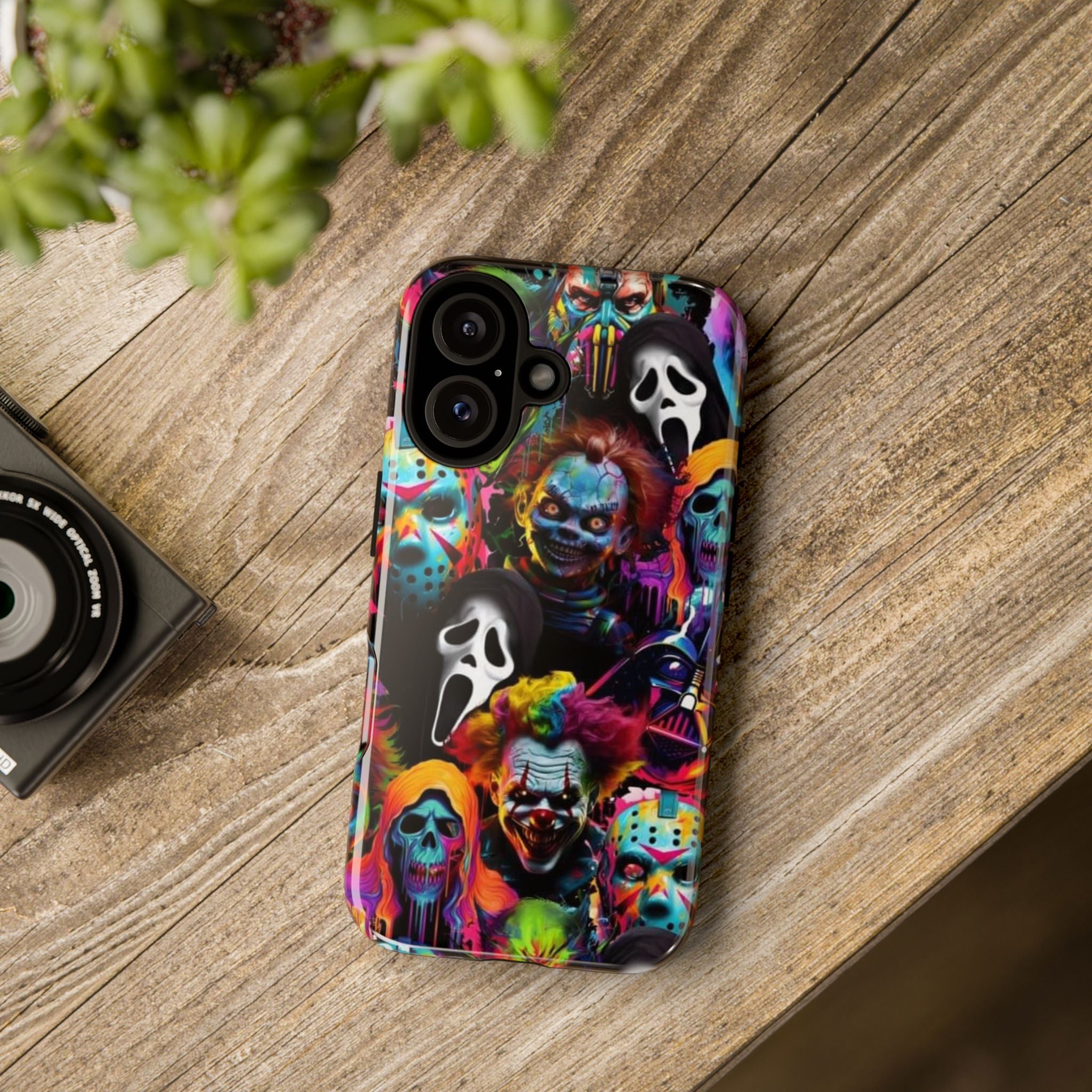 Phone Case — Neon Horror Mask Collage (Scream, Jason, Clown)