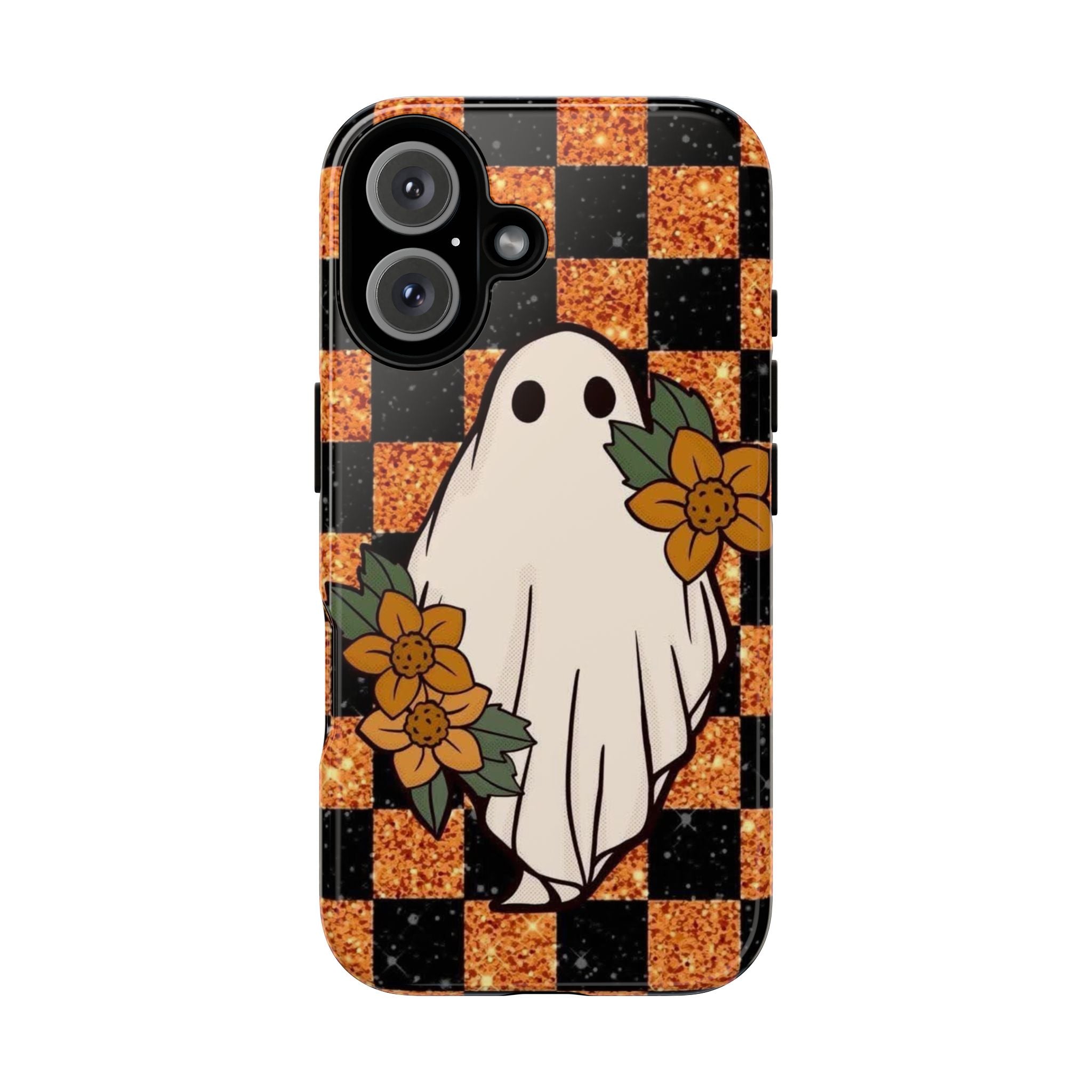 Halloween Ghost Phone Case — Checkerboard Orange Glitter Floral Design