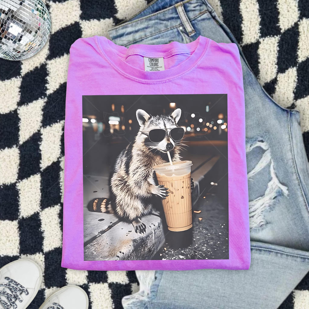 Raccoon w/ ice coffee-comfort color tee