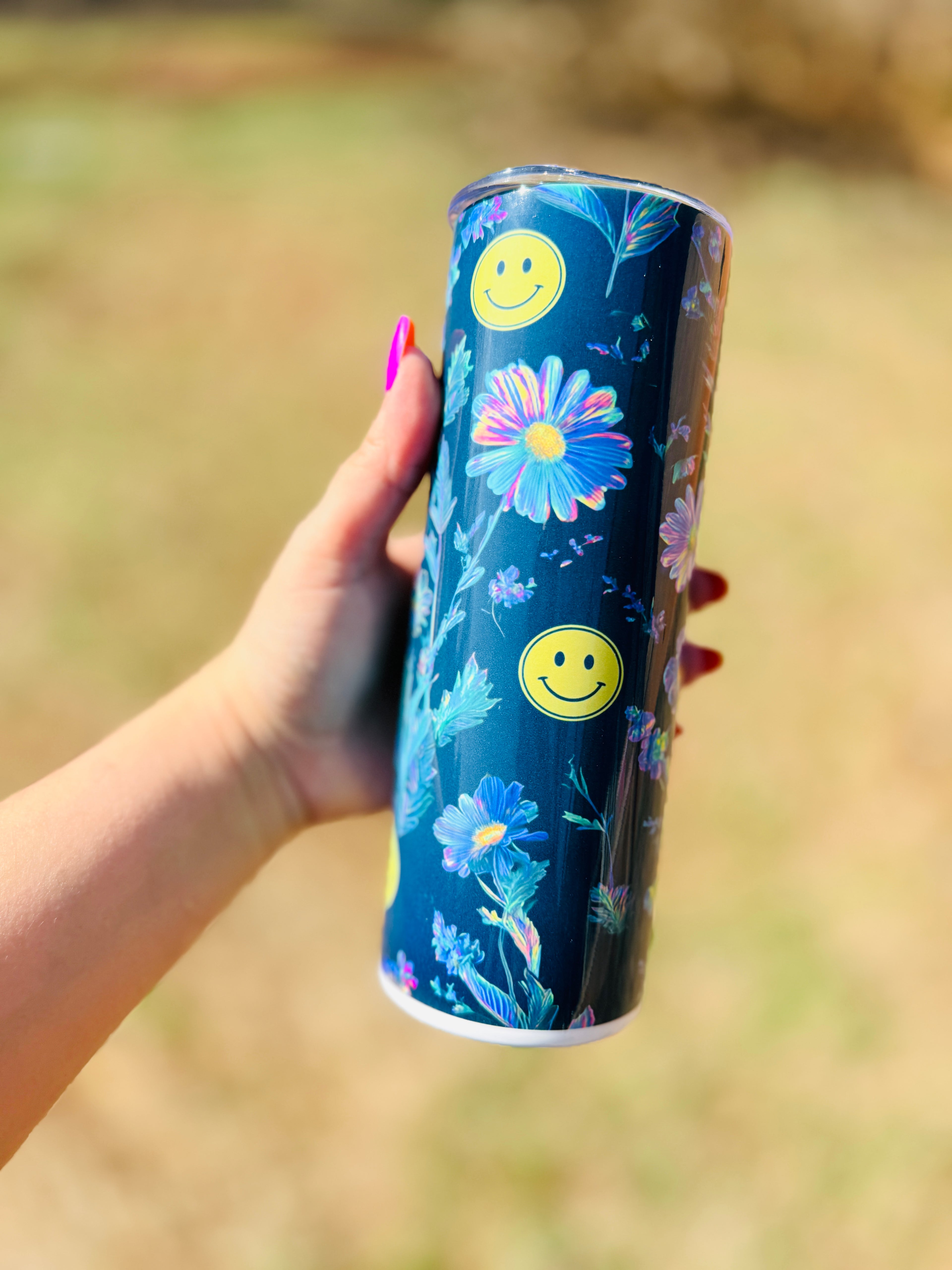 Neon floral with smiley faces-Tumbler