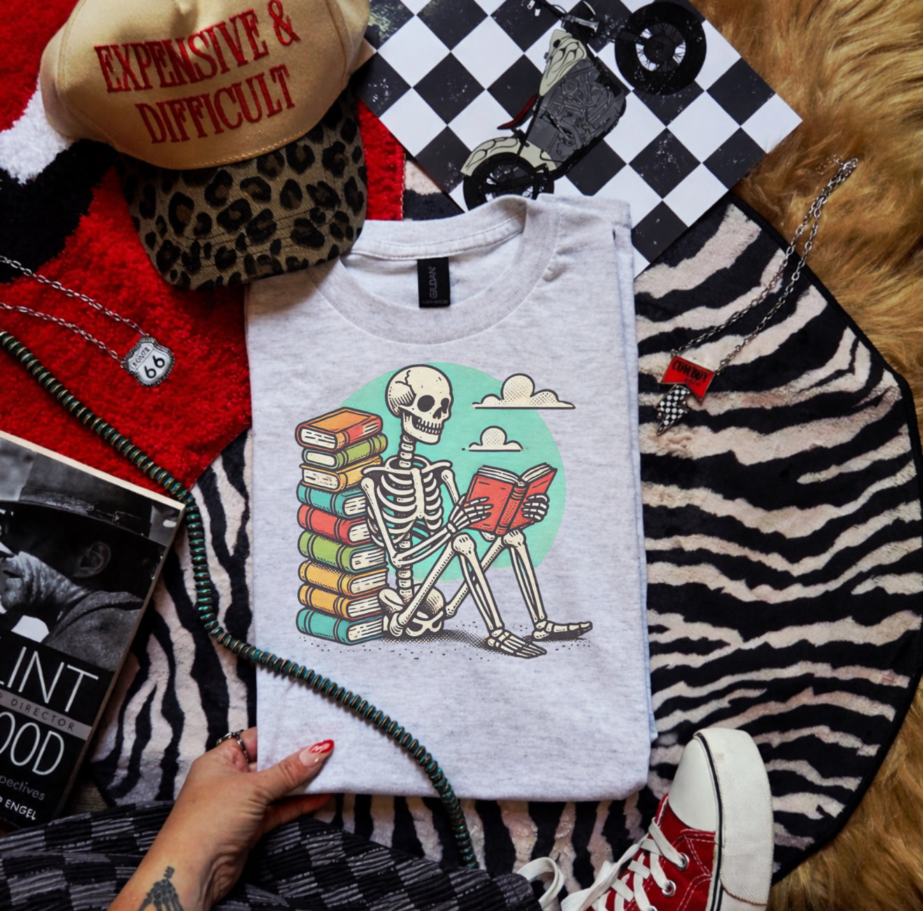 Skelly w/books-Graphic Tee